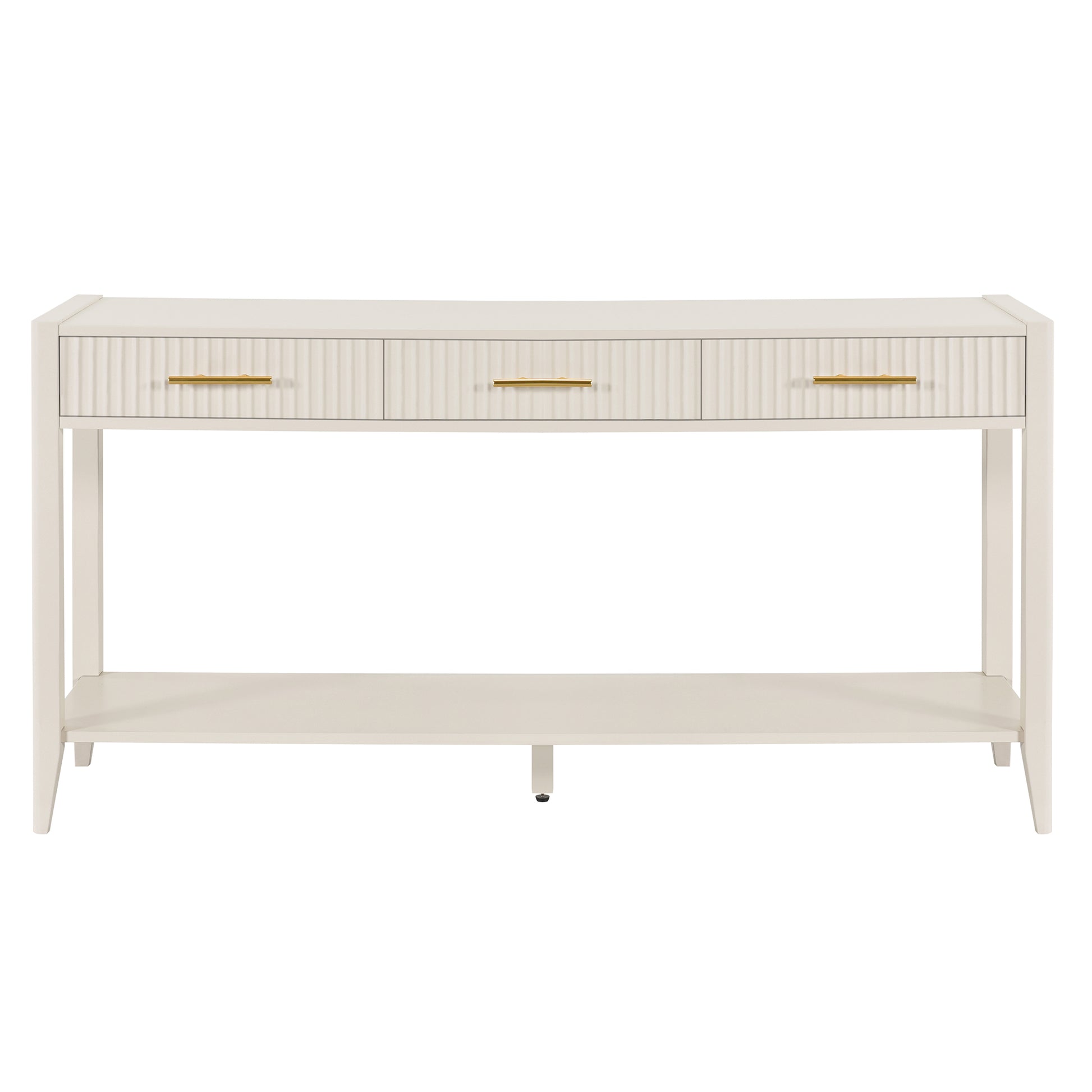 Cream fluted console table with three goldhandle drawers and lower shelf