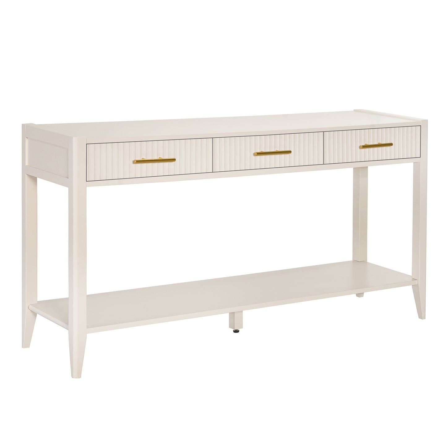 Cream white console table with three fluted drawers and gold hardware
