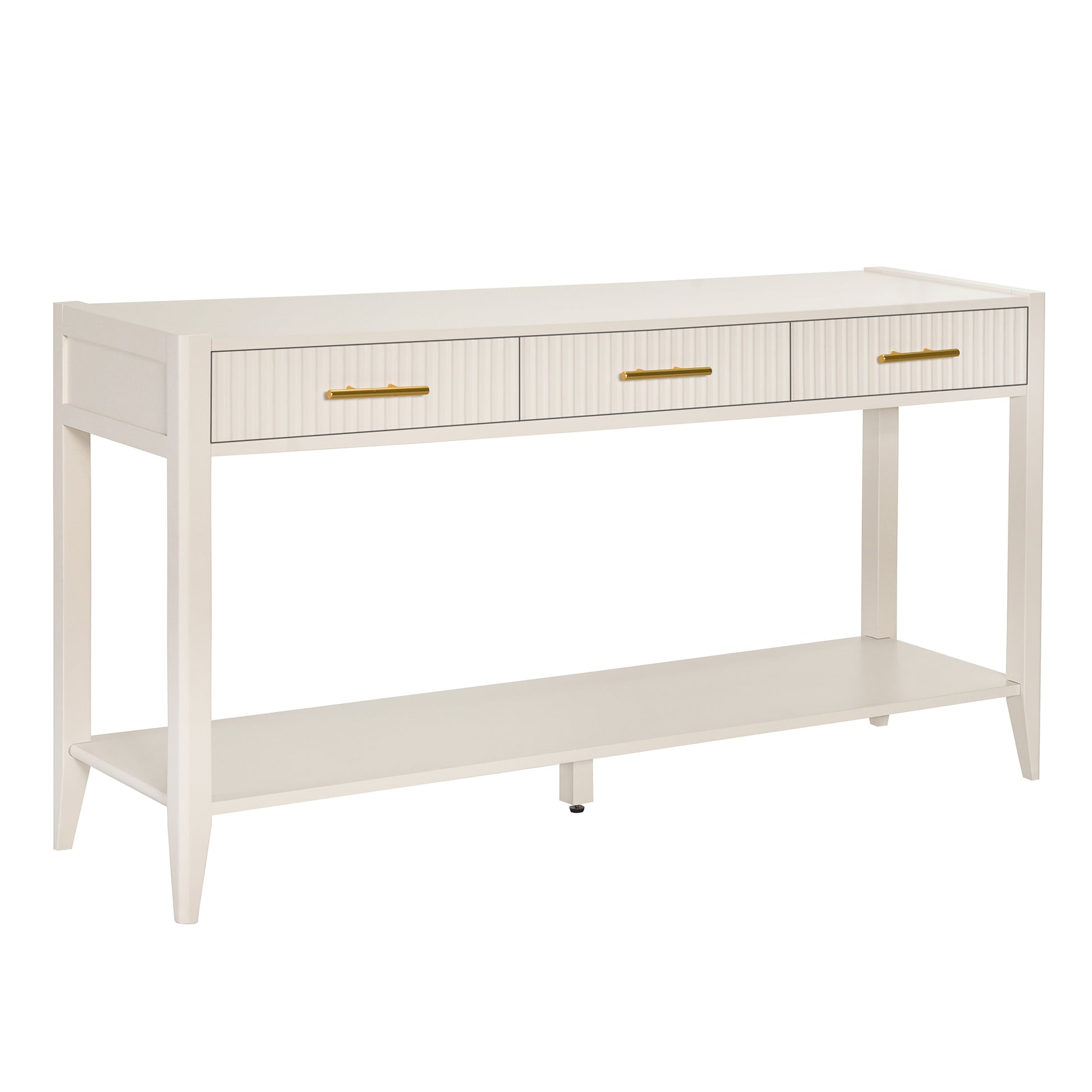 Cream white console table with three fluted drawers and gold hardware