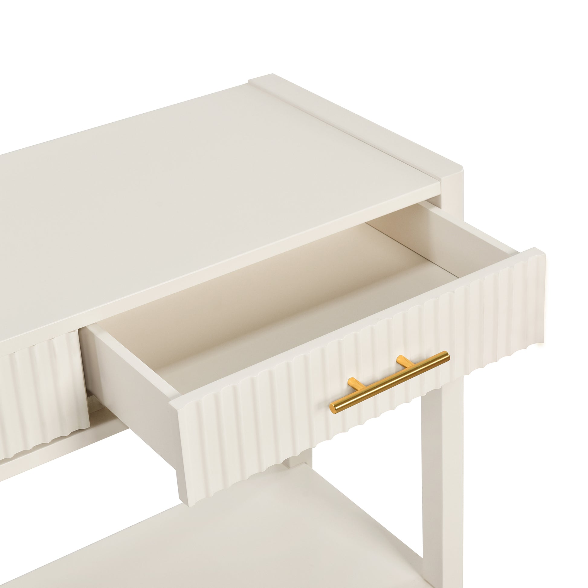 White accent console table with fluted drawer and gold pull