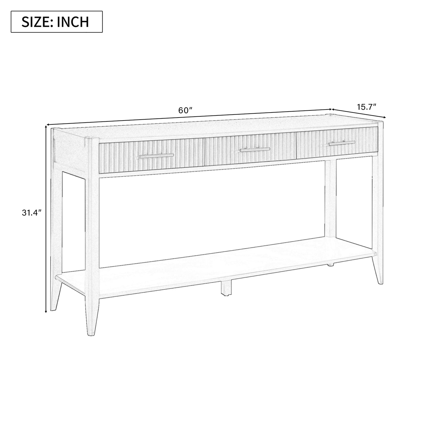 Sketch of inch long console table with three drawers and lower shelf