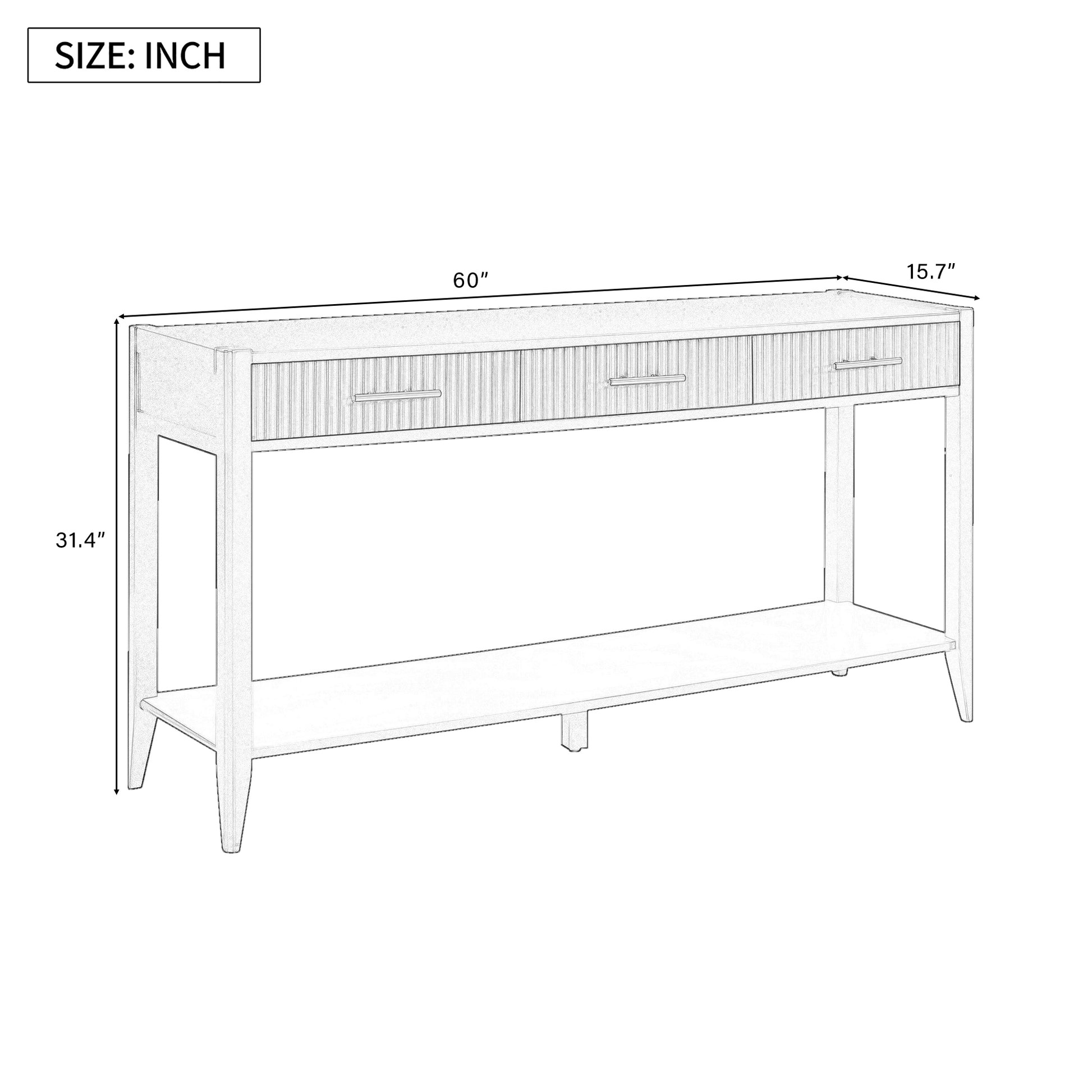 Sketch of inch long console table with three drawers and lower shelf