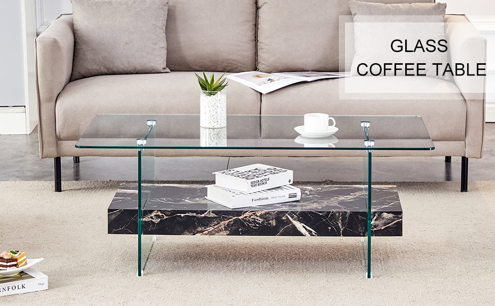 Modern glass coffee table with marble shelf