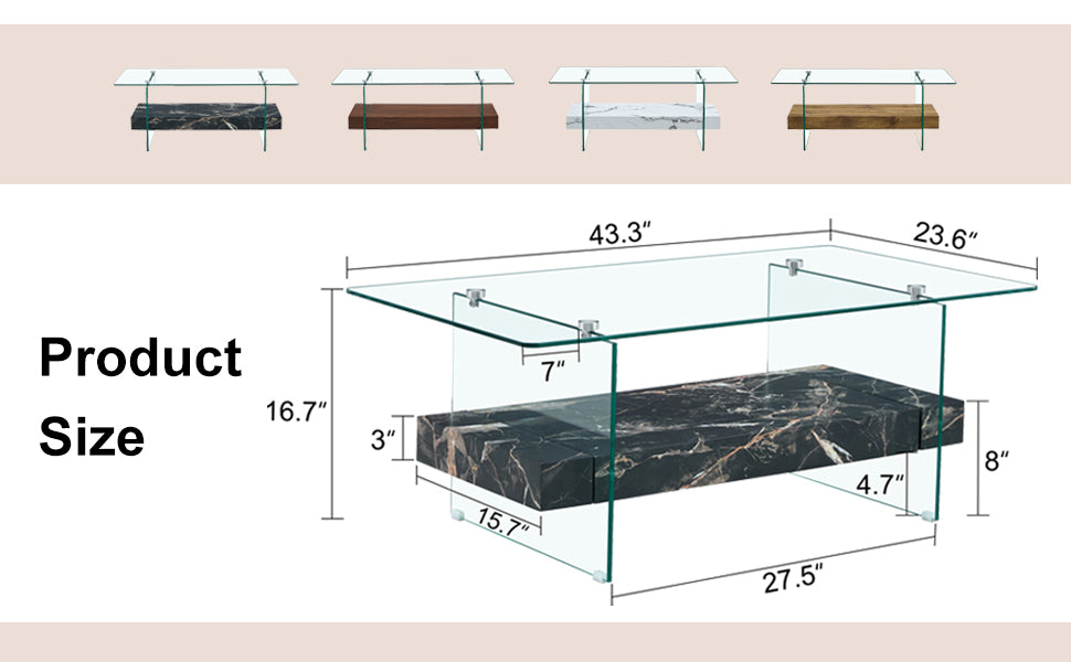 Glass coffee table with black marble shelf and silver hardware
