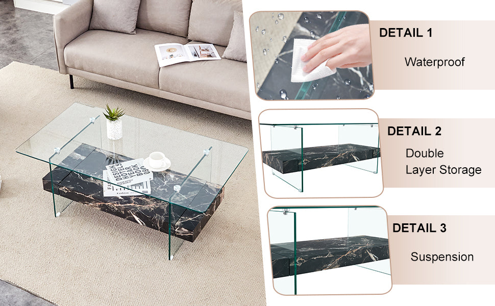 Modern glass coffee table with black marble lower shelf and chrome accents