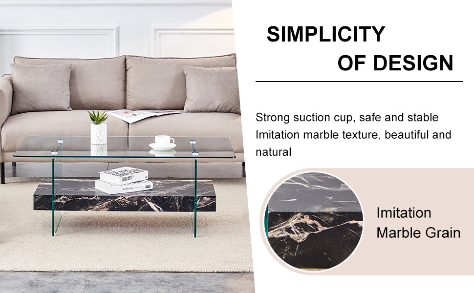 Glass coffee table with imitation marble bottom shelf