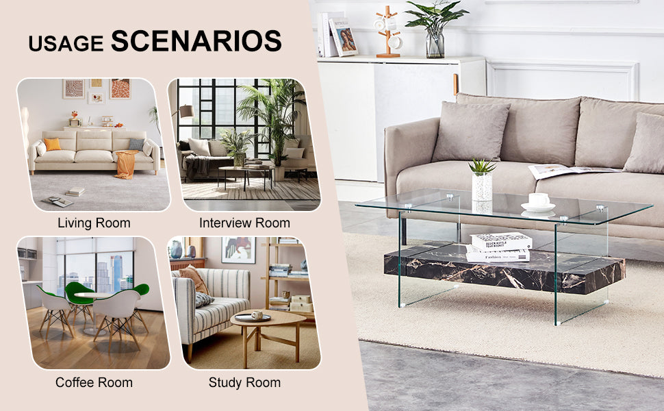 Modern glass coffee table with marble base in living room