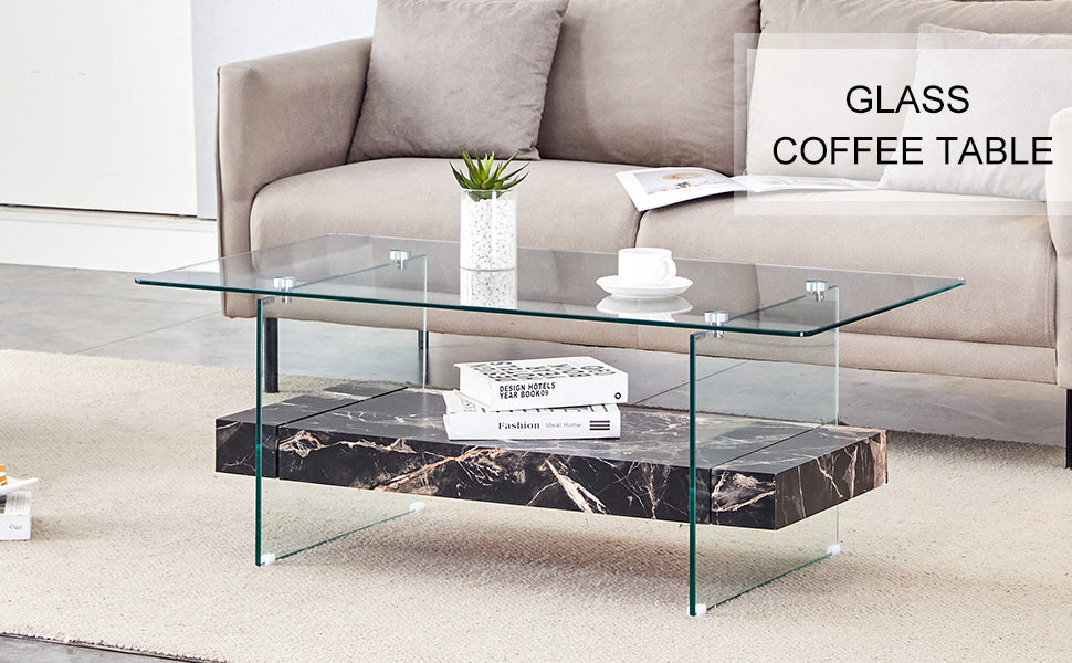 Clear glass coffee table with marble inlay shelf