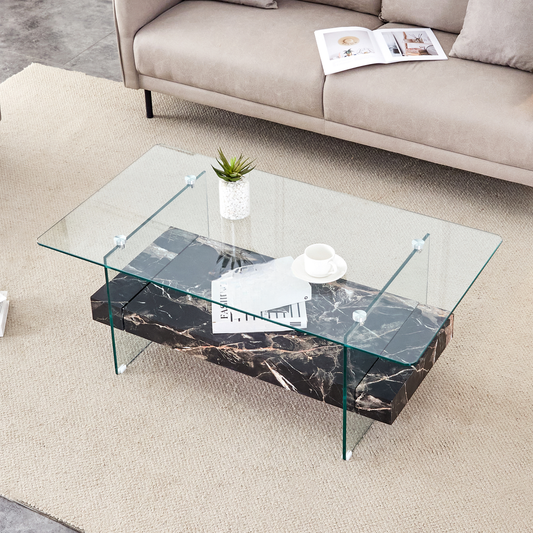 Modern glass coffee table with black marble base