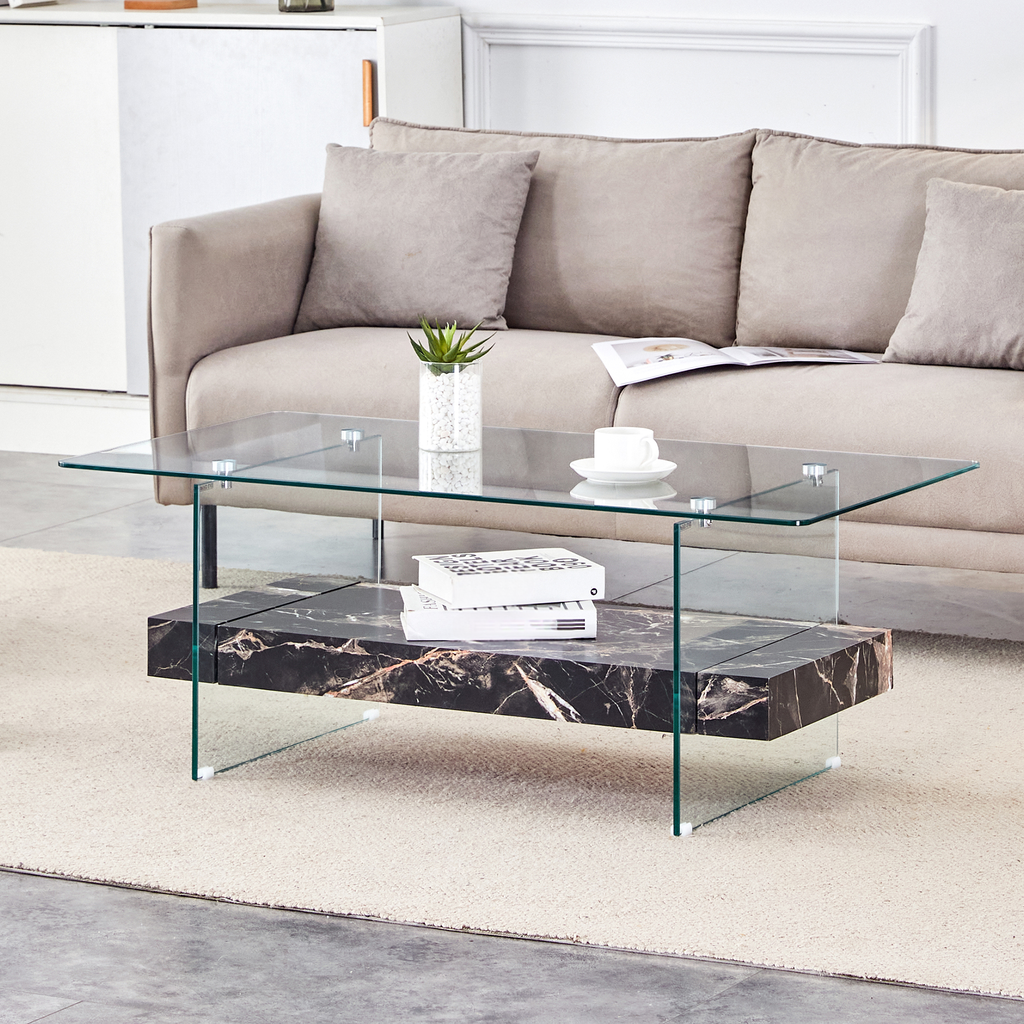 Modern glass coffee table with black marble shelf