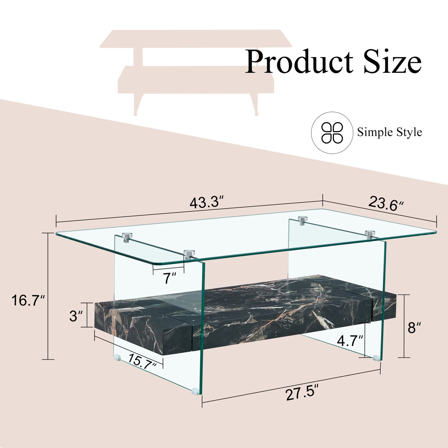 Glass coffee table with marbleeffect shelf