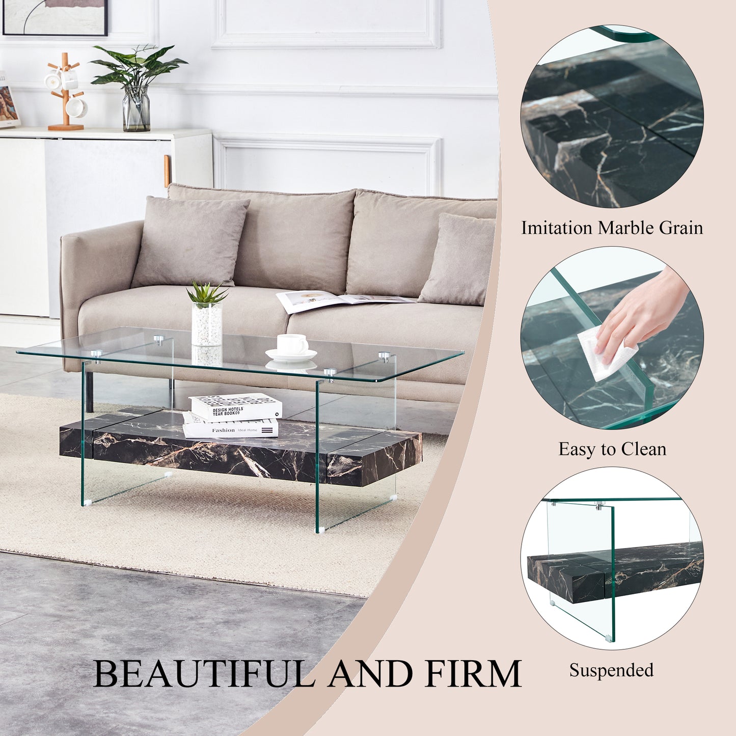 Glass coffee table with faux marble base and top
