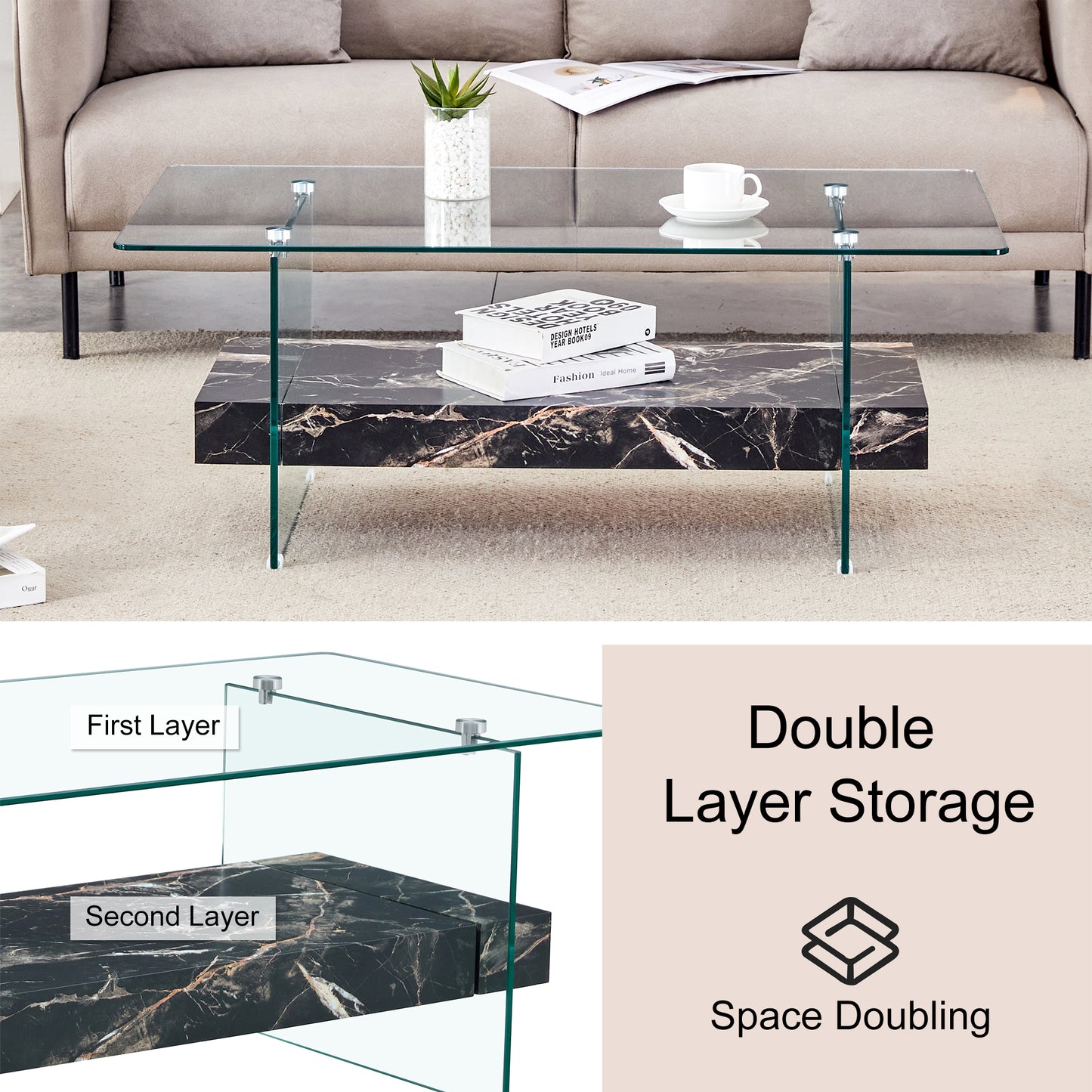 Modern glass coffee table with two shelves