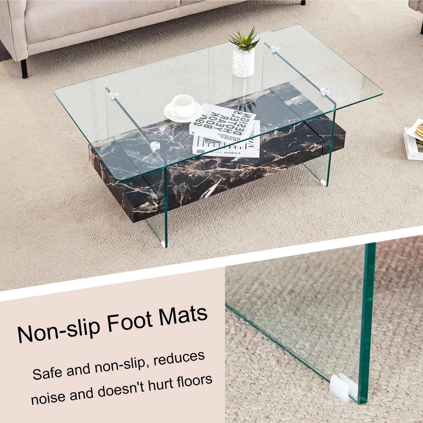 Modern glass coffee table with marble effect shelf and metal legs