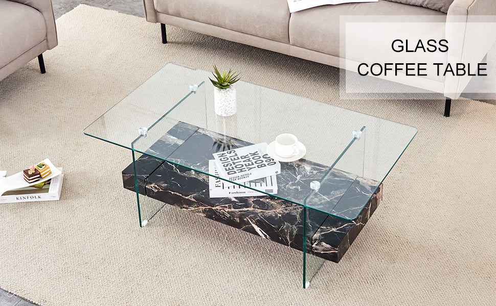 Glass coffee table with marble effect base