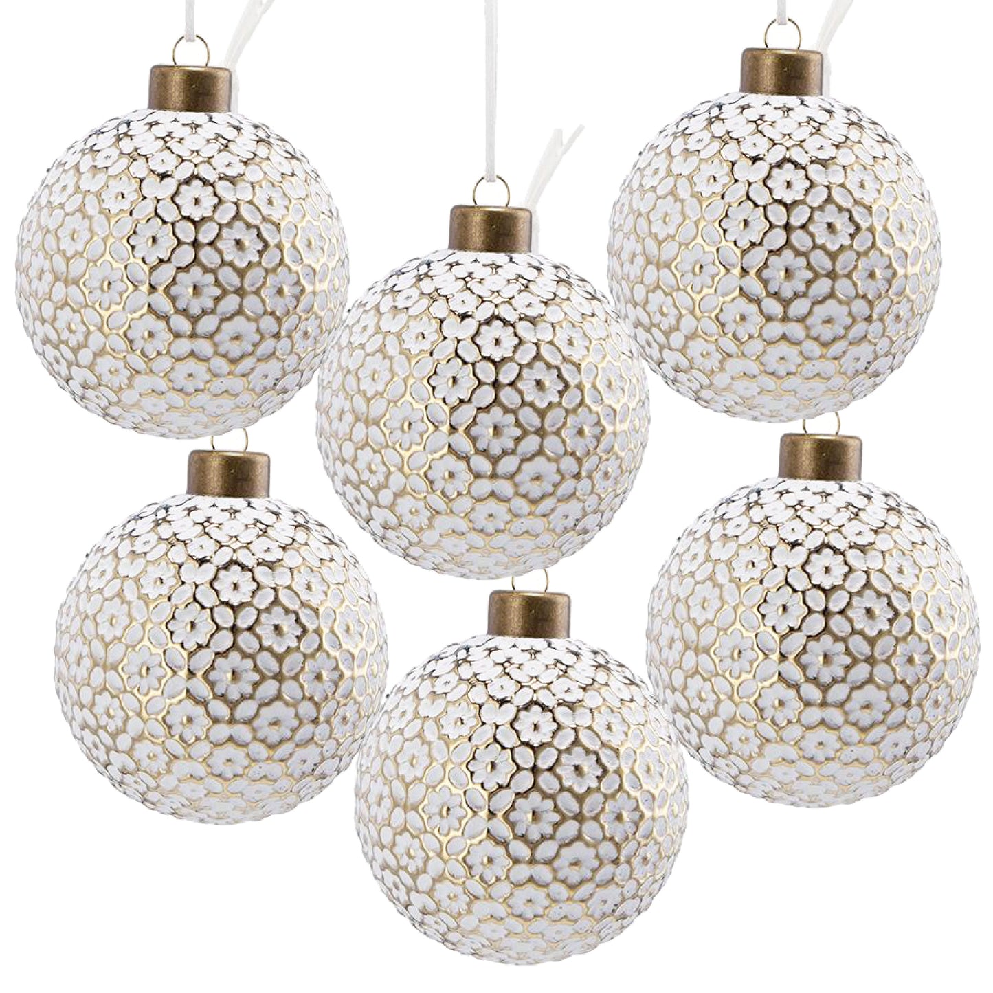 Set of  white Christmas baubles with gold floral embossed detail