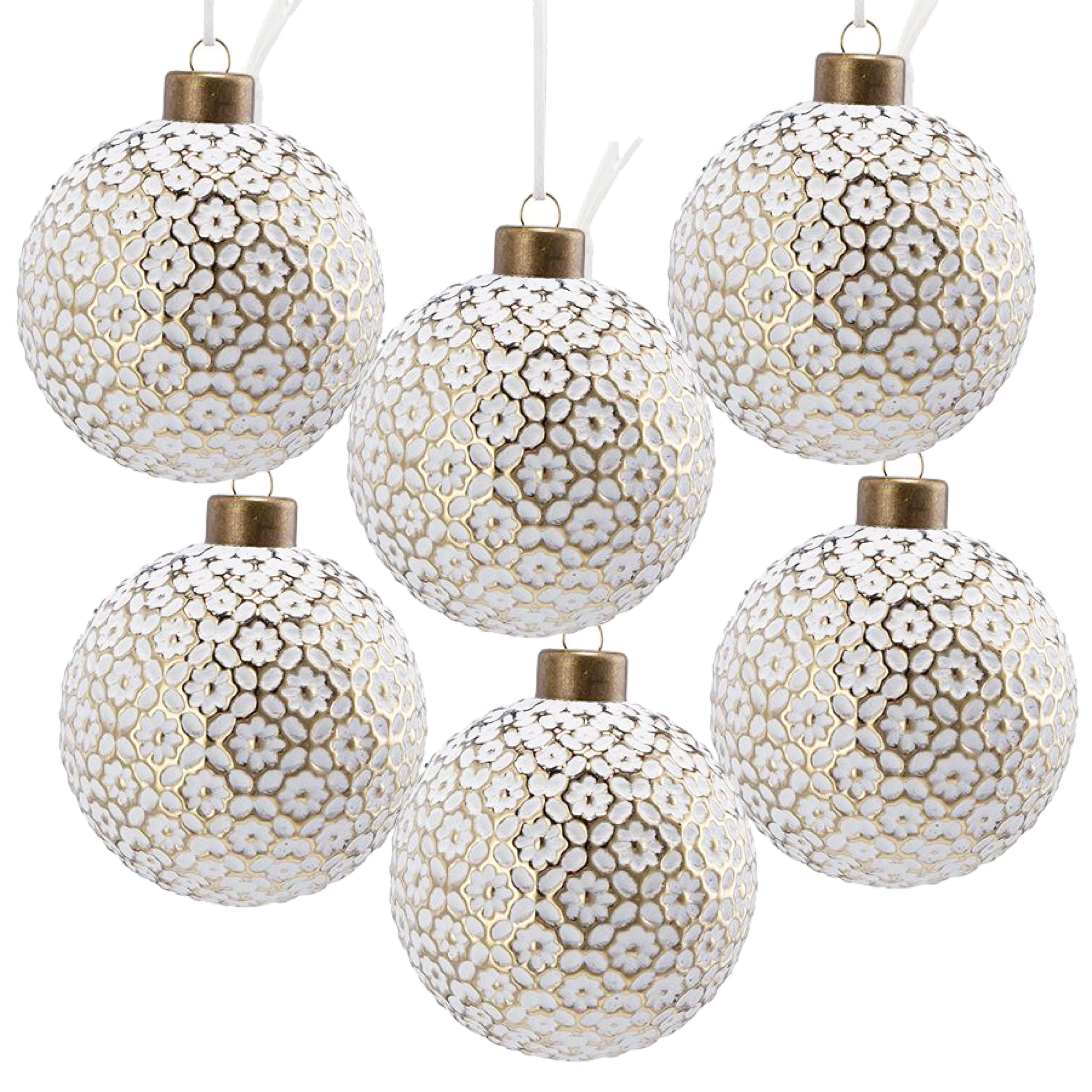 Set of  white Christmas baubles with gold floral embossed detail