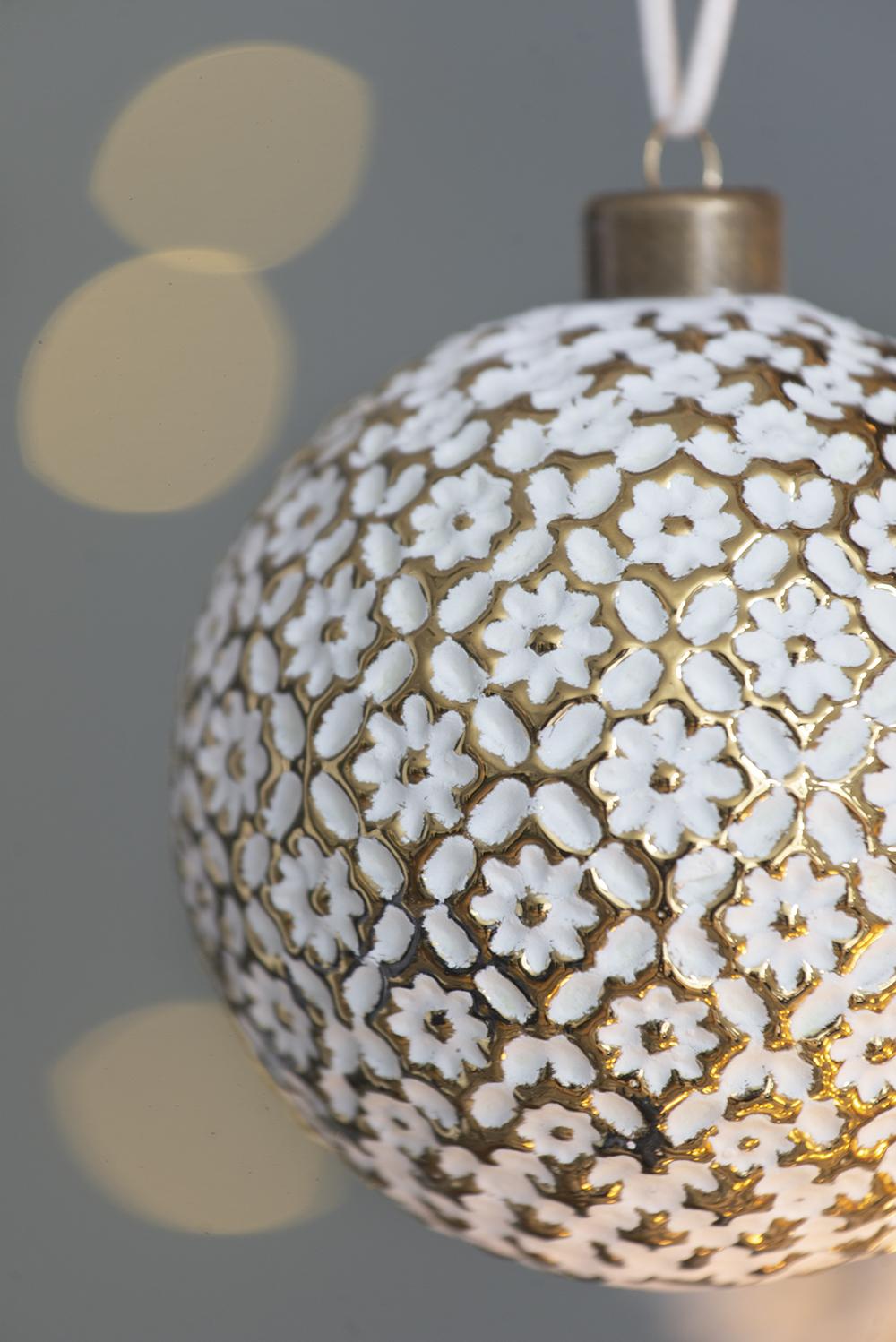 White and gold floral ceramic Christmas ornament