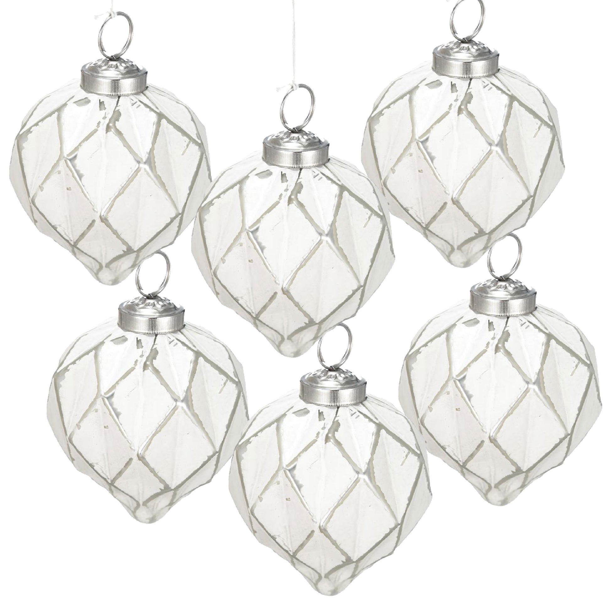 Set of  white geometric Christmas ornaments with silver diamond pattern