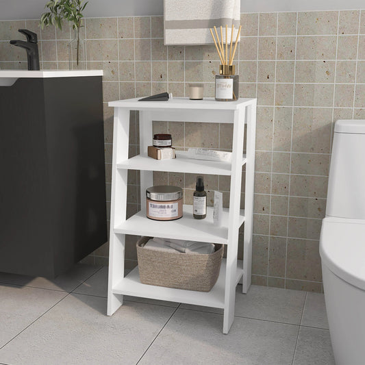 White tier modern bathroom shelving unit with woven basket