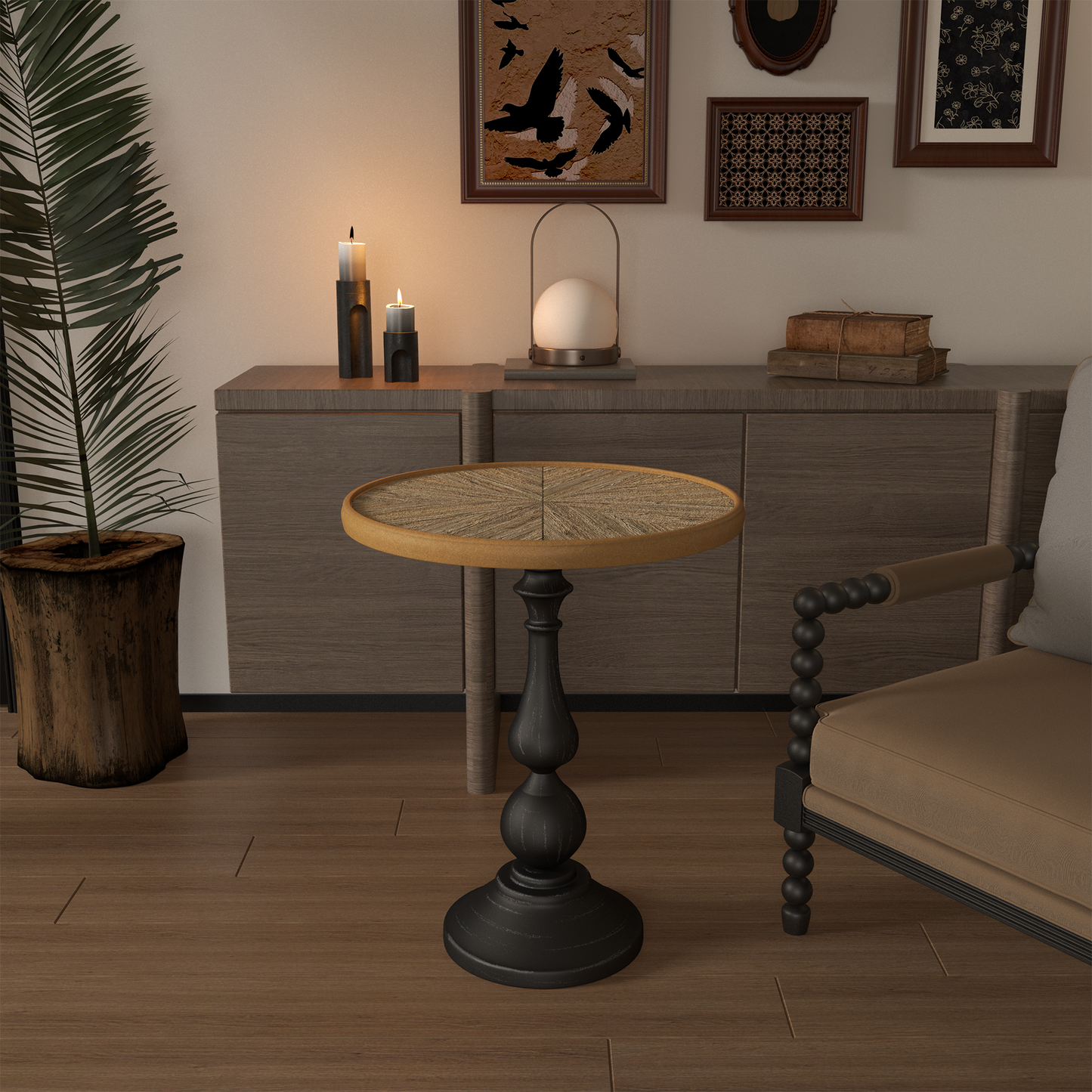 Round accent table with woven top and dark pedestal base