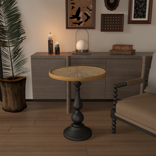 Round accent table with woven top and dark pedestal base