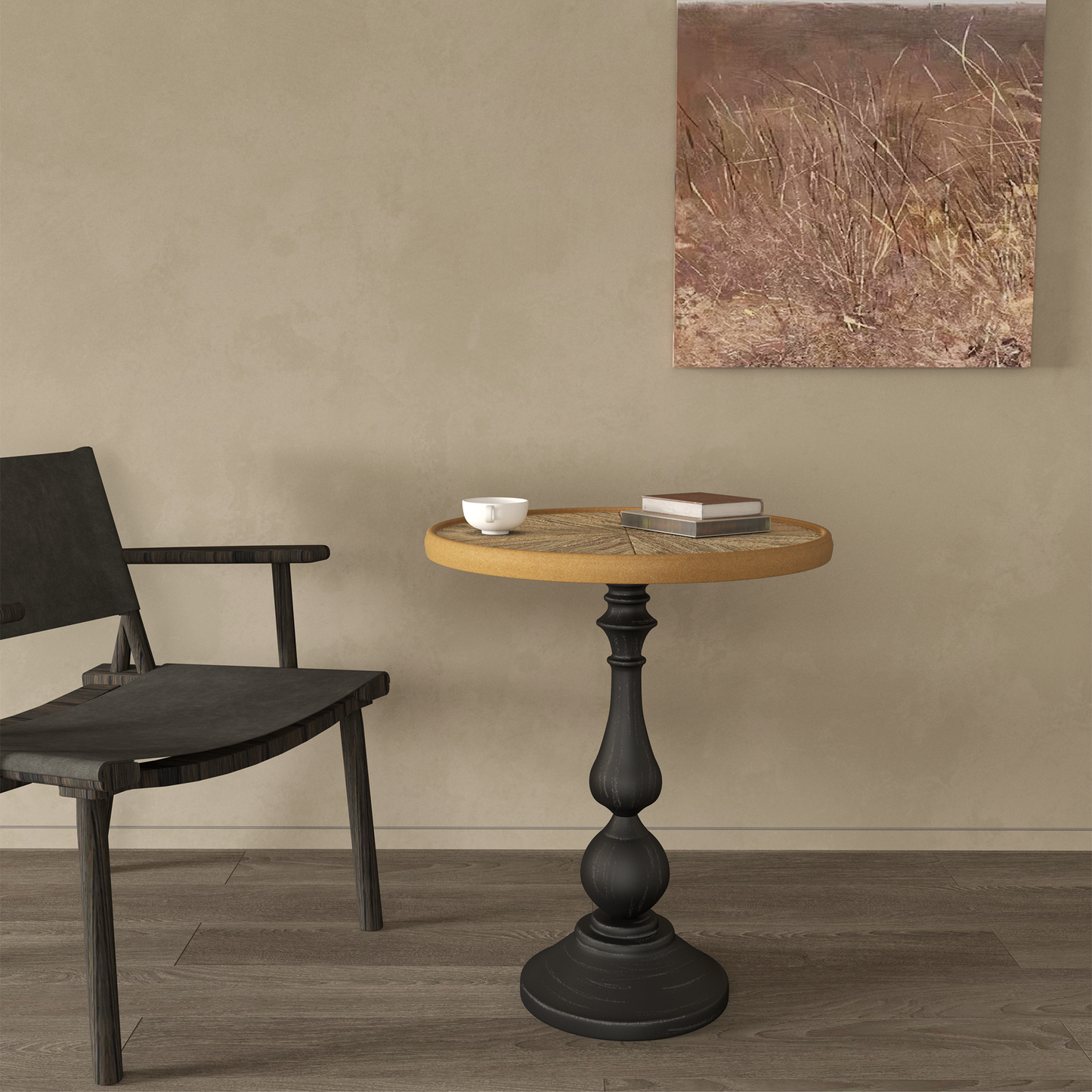 Dark wood dining chair with black leather seat