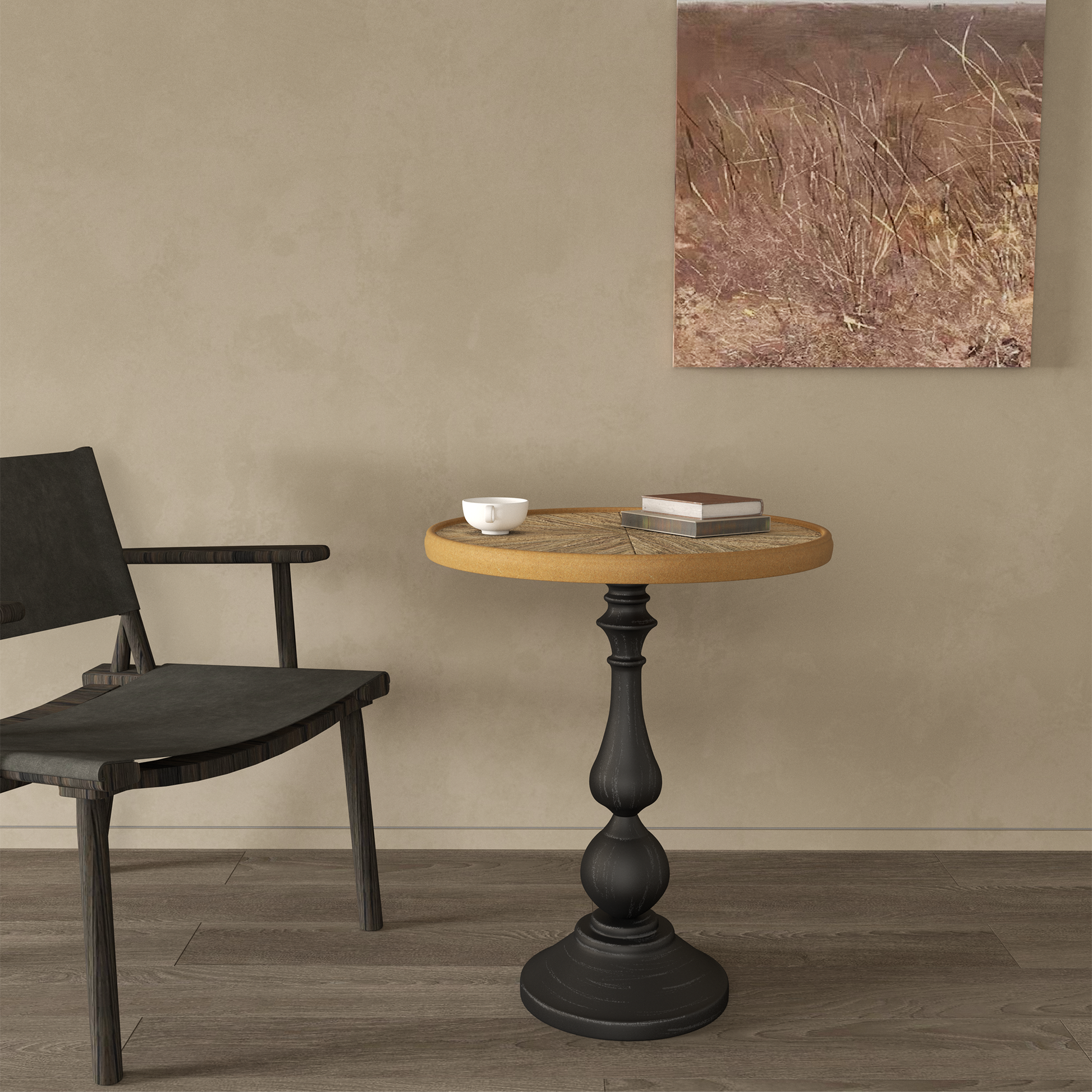 Dark wood dining chair with black leather seat