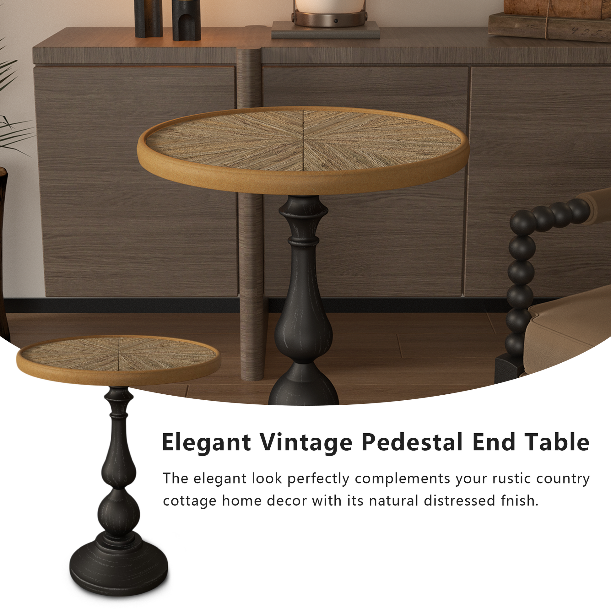Round pedestal end table with distressed black base and natural woven top