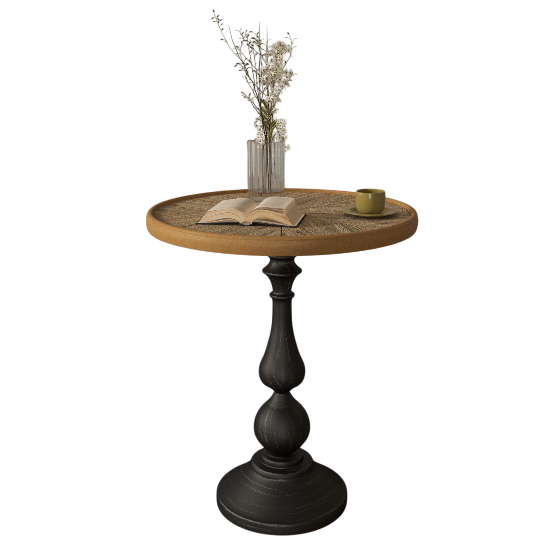 Round wooden accent table with ornate black base