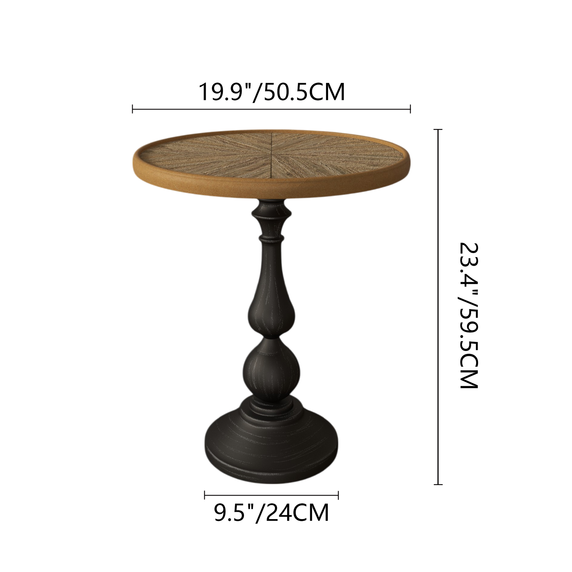 Round wood accent table with dark pedestal base