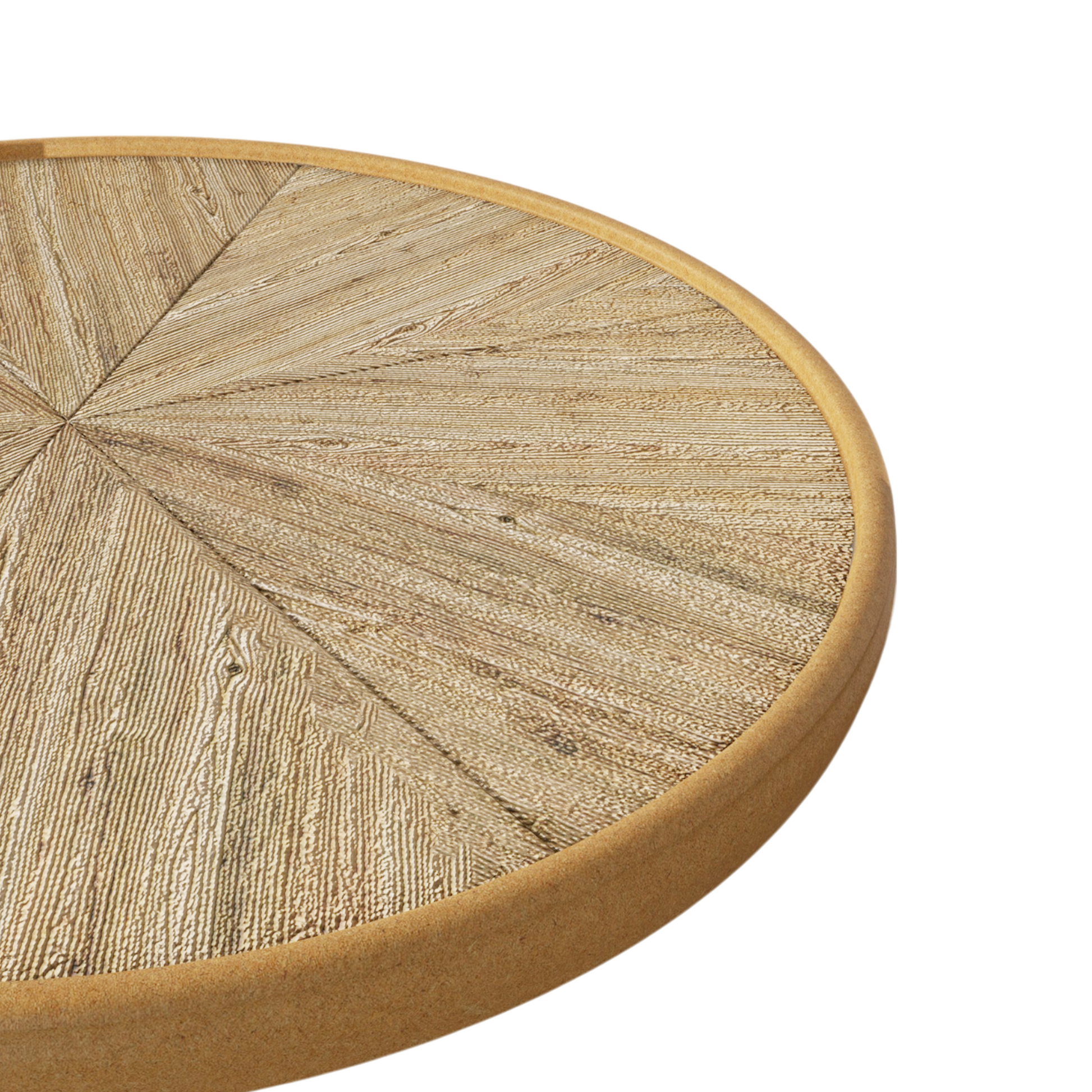 Round wood veneer table top with a sunburst pattern and a light wood edge
