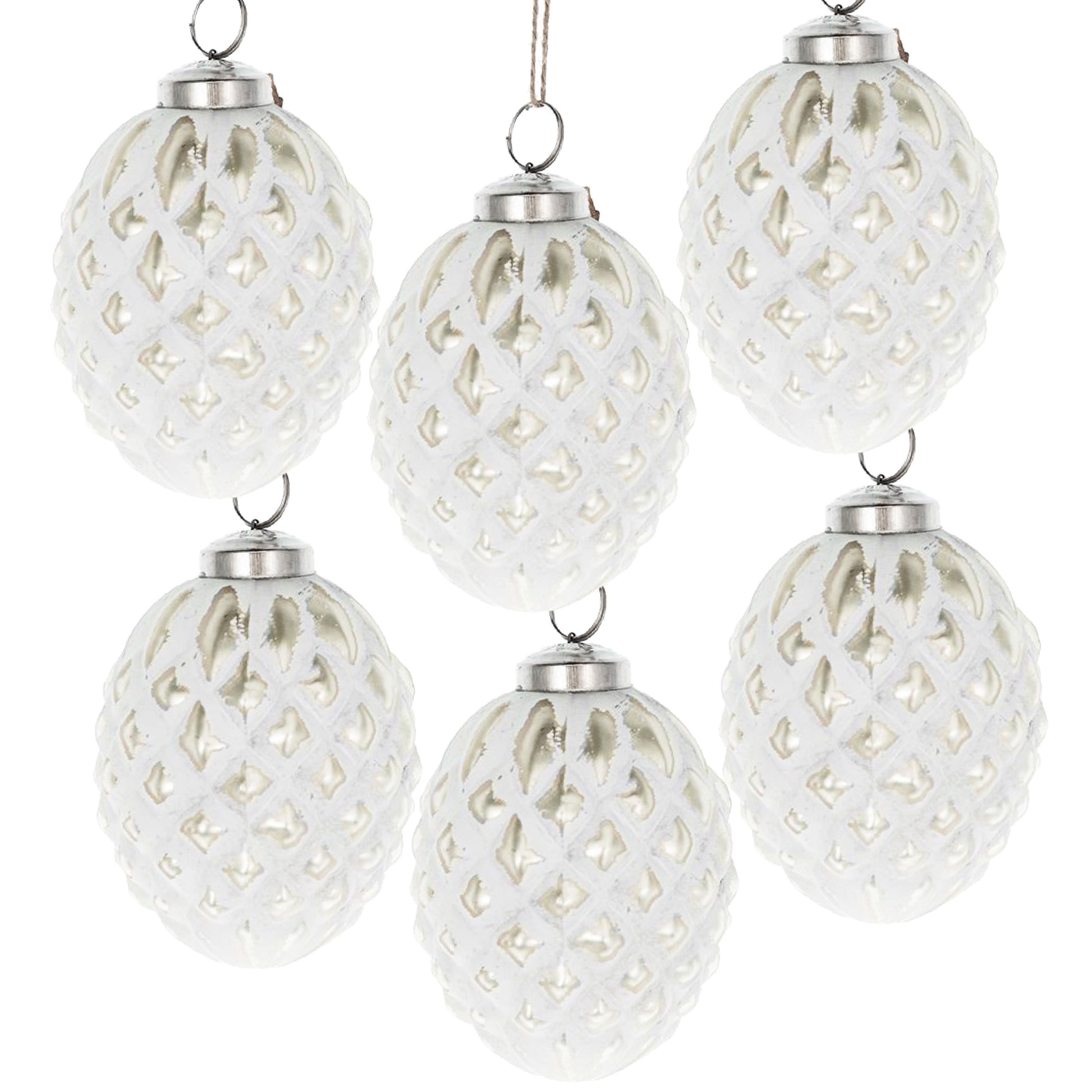 Set of six white textured pinecone christmas ornaments