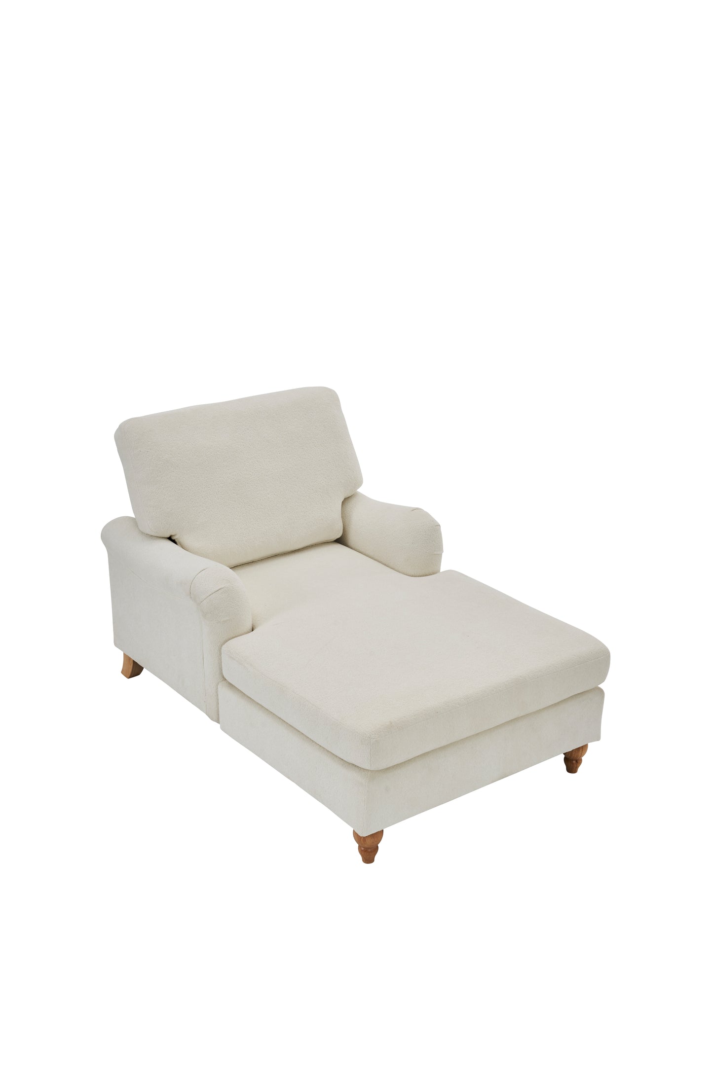 Cream boucle fabric chaise lounge with plush cushions and turned wooden legs