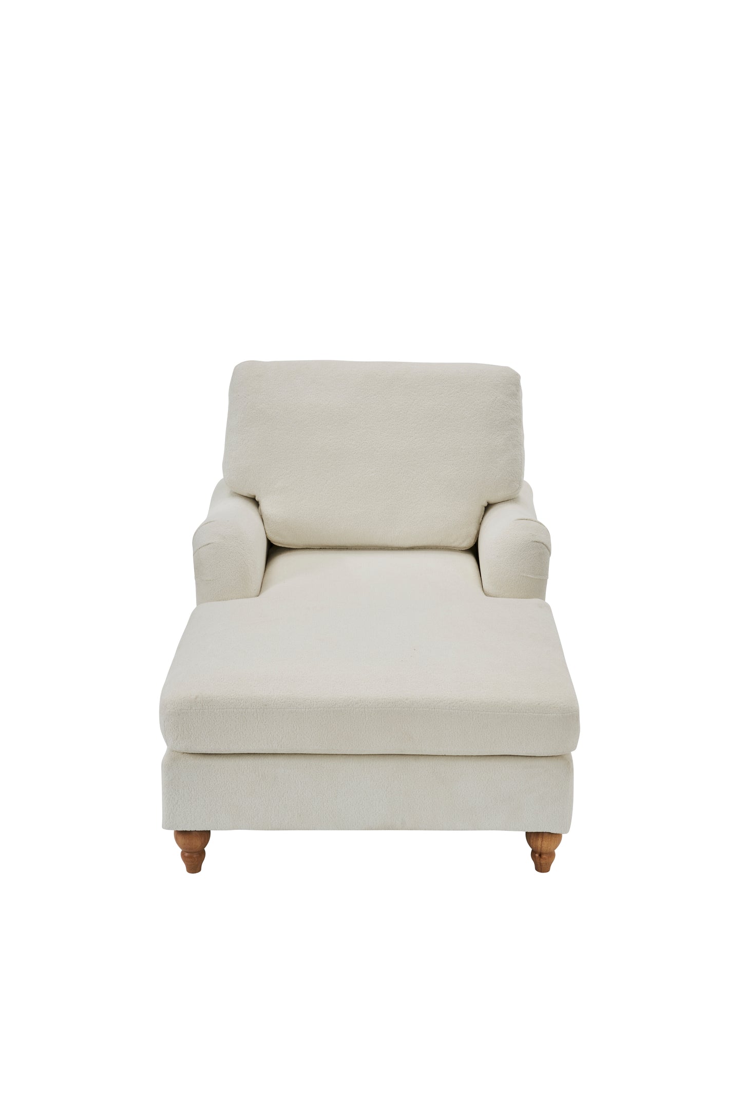 Cream boucle chaise lounge with plush cushions and tapered wooden legs
