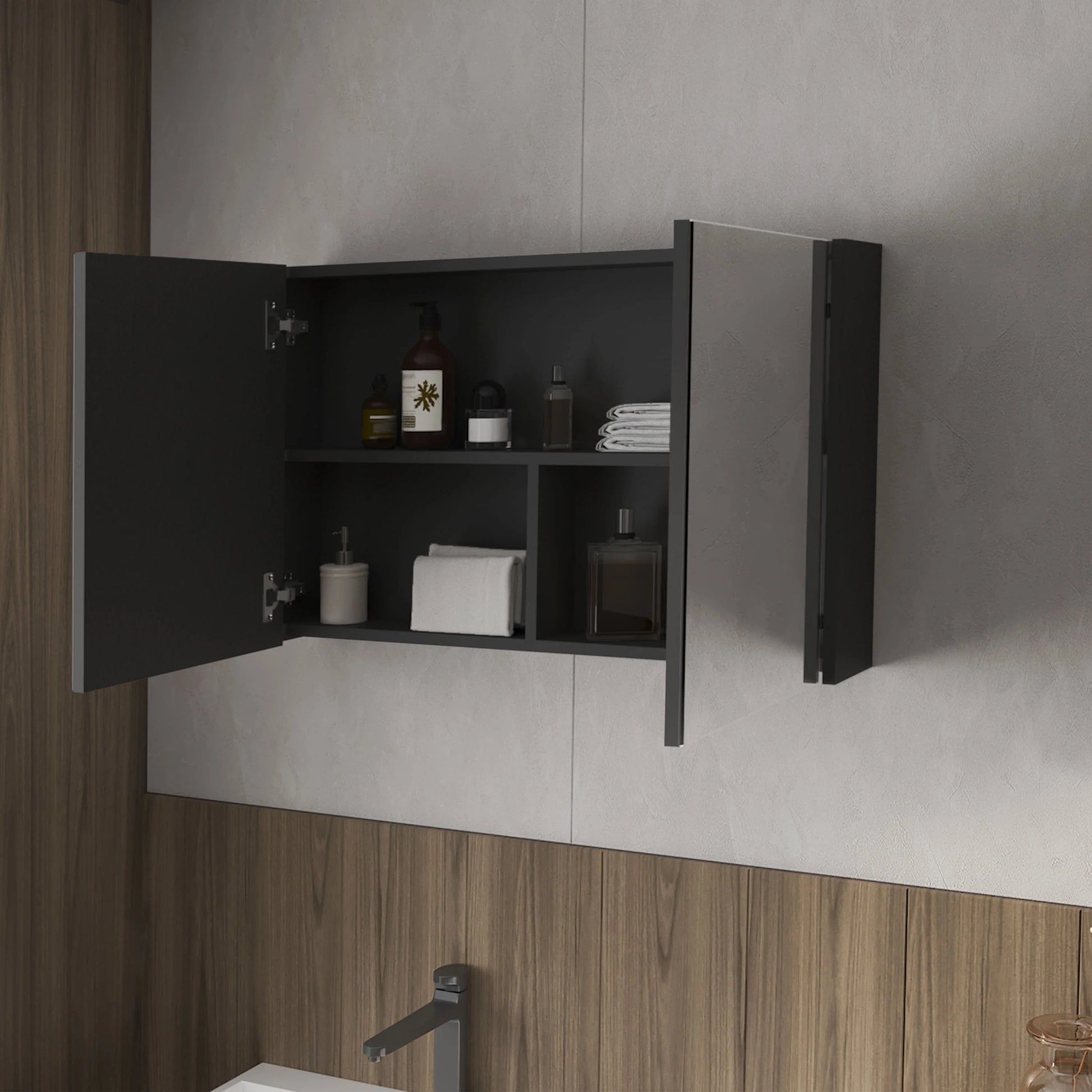 Modern dark grey bathroom medicine cabinet with open door