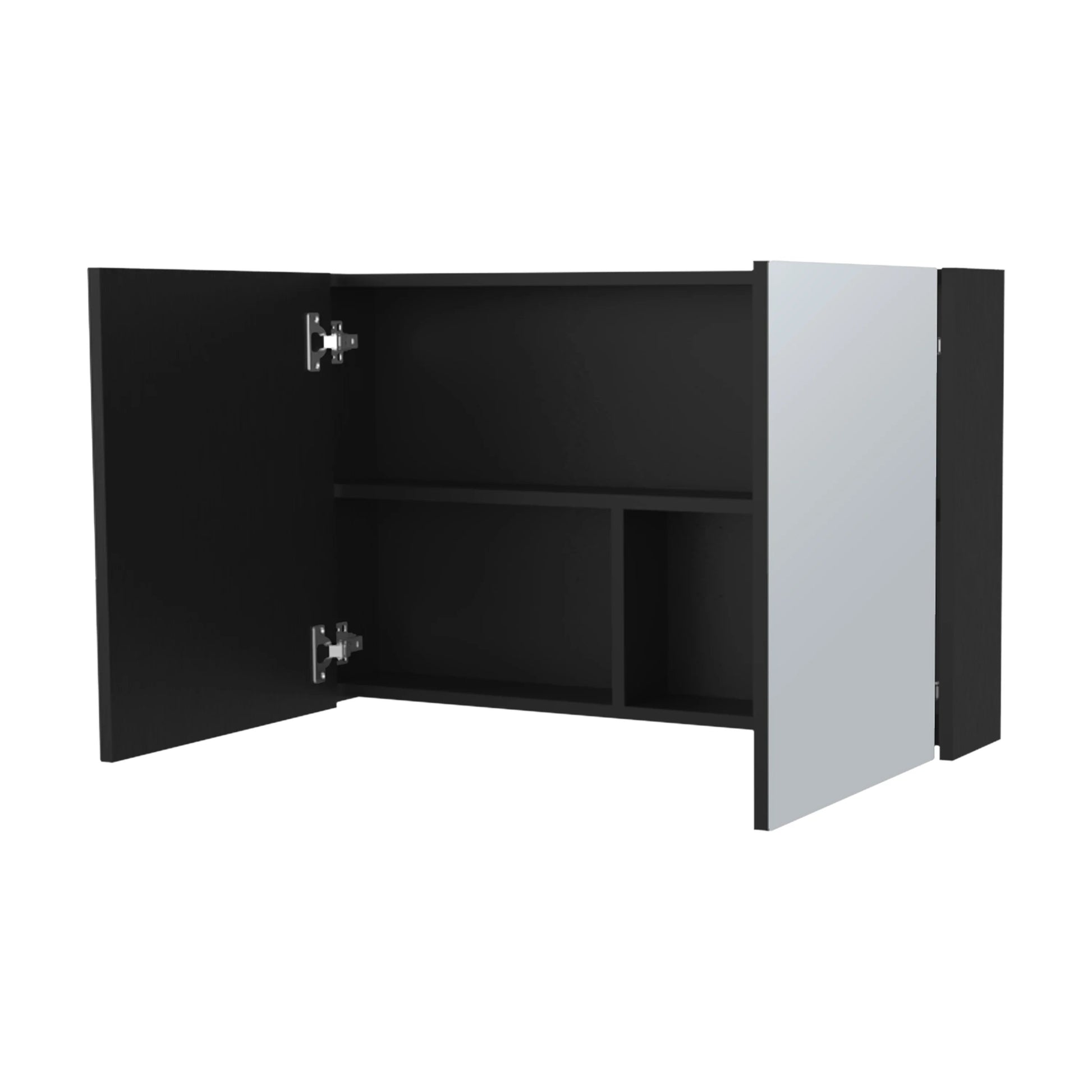 Black modern wall cabinet with two open doors and silver handles