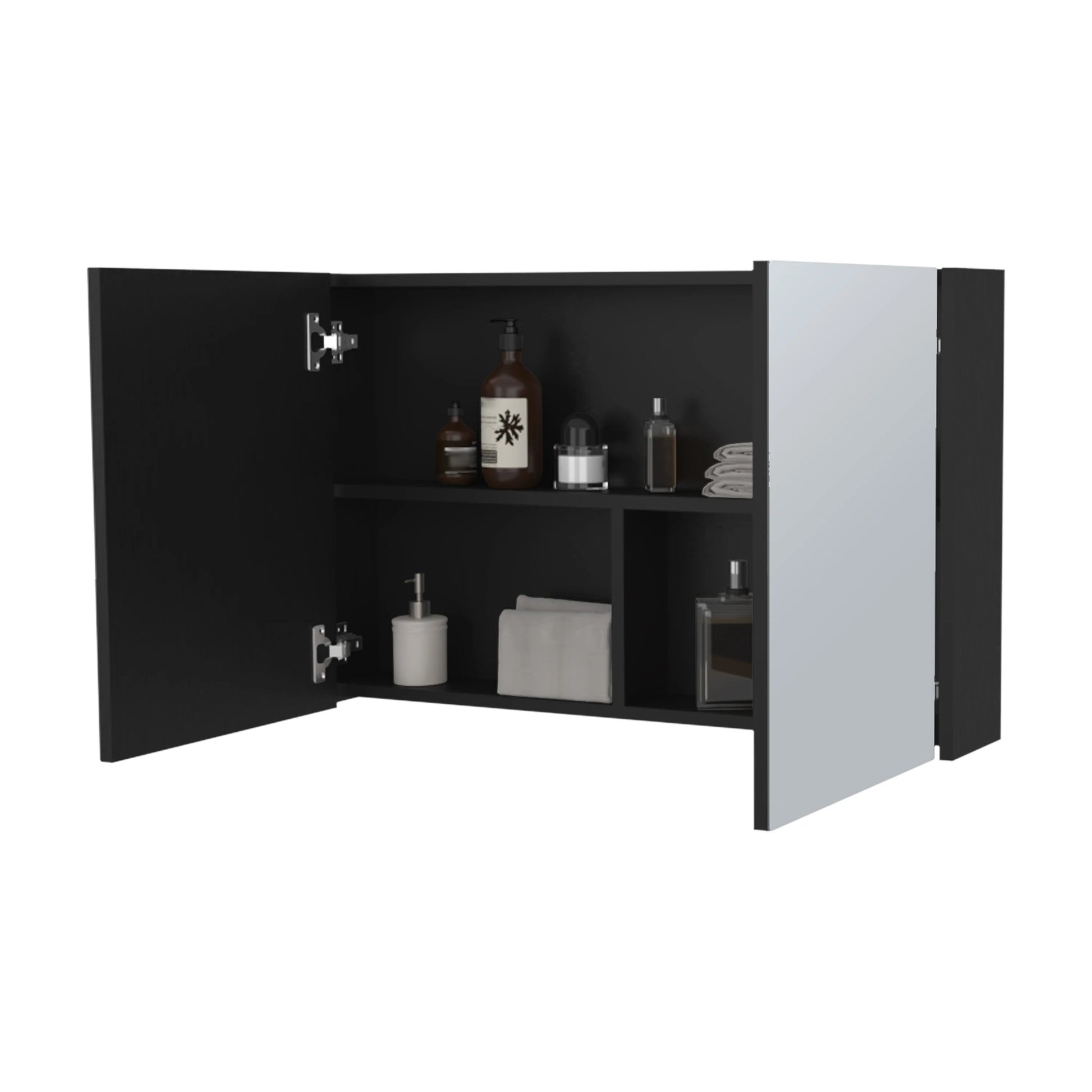 Modern black bathroom vanity cabinet with open doors and mirrored front