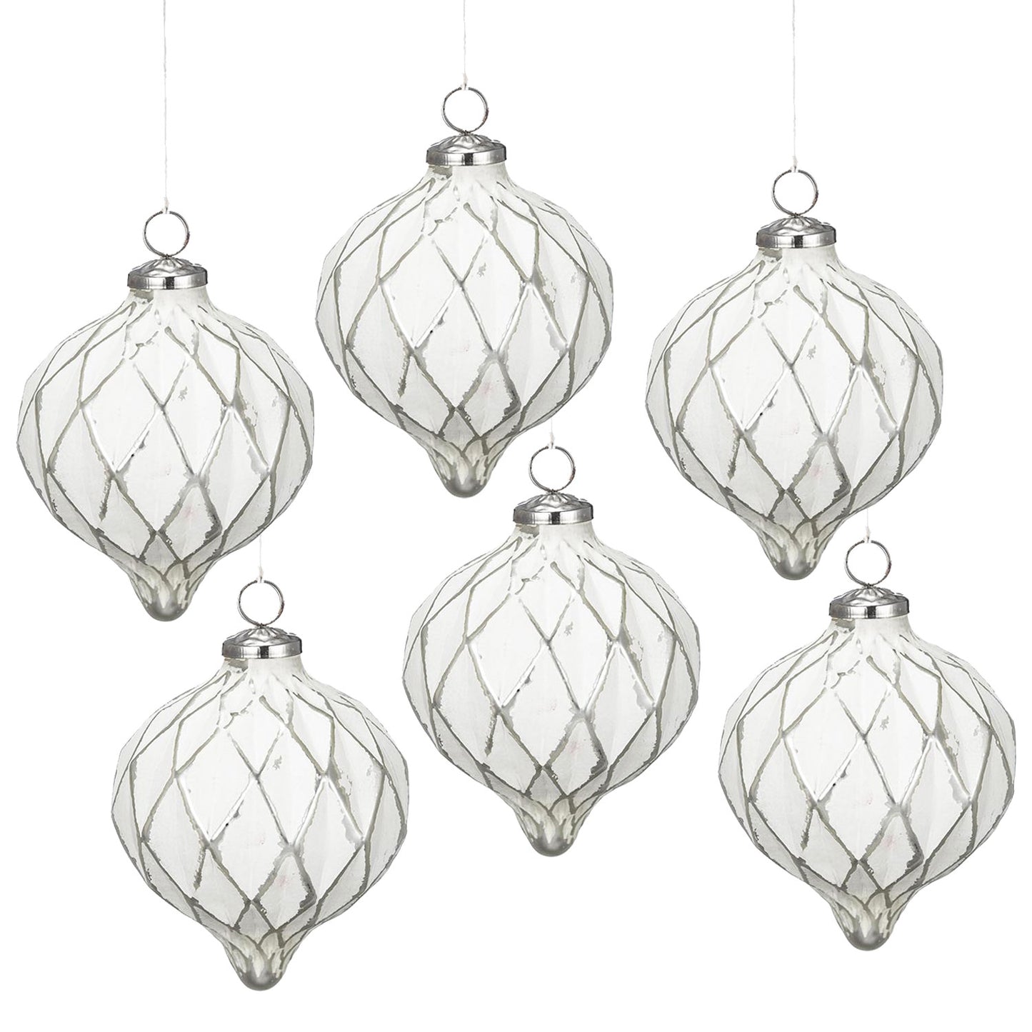 Set of  white glass teardrop Christmas ornaments with silver diamond pattern