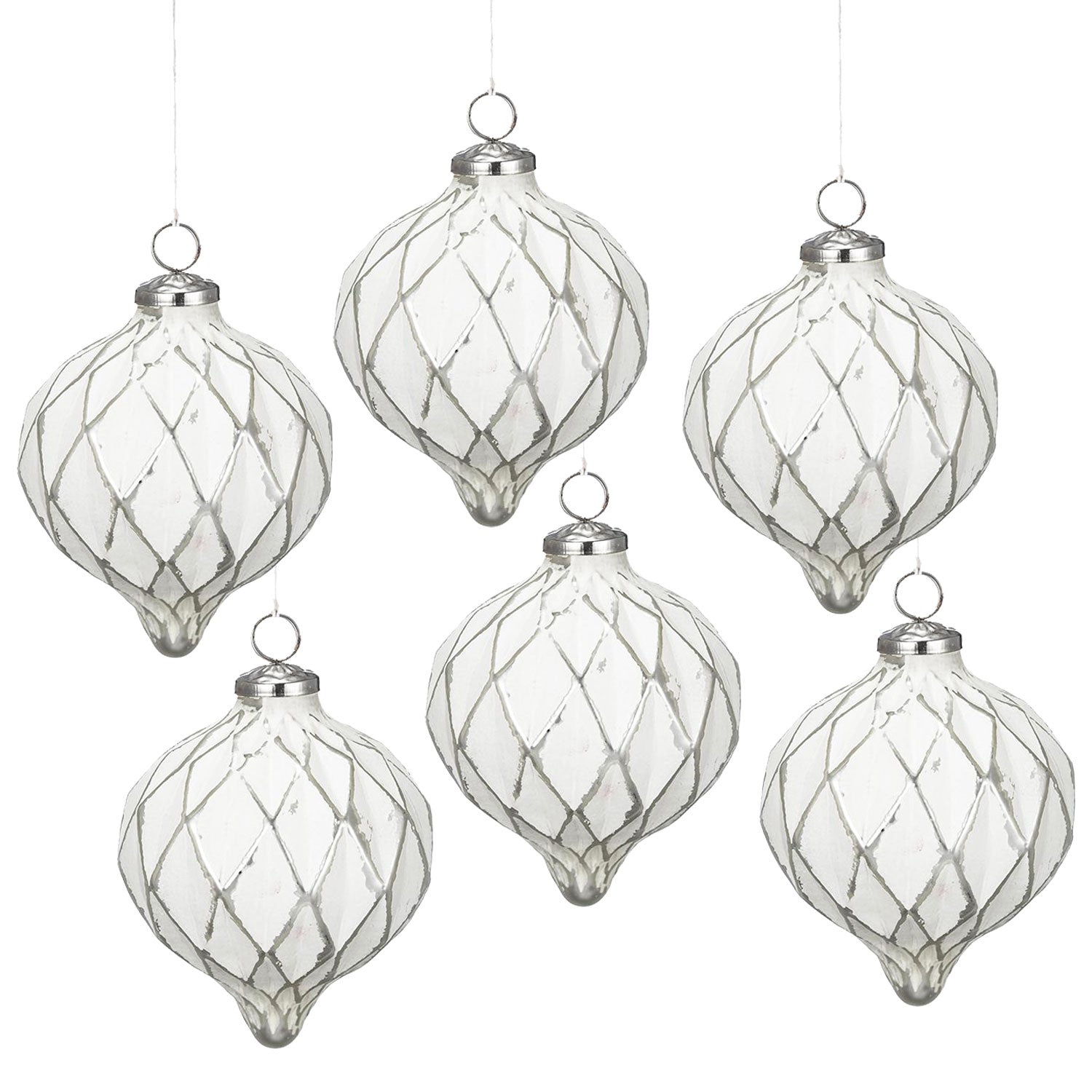 Set of  white glass teardrop Christmas ornaments with silver diamond pattern