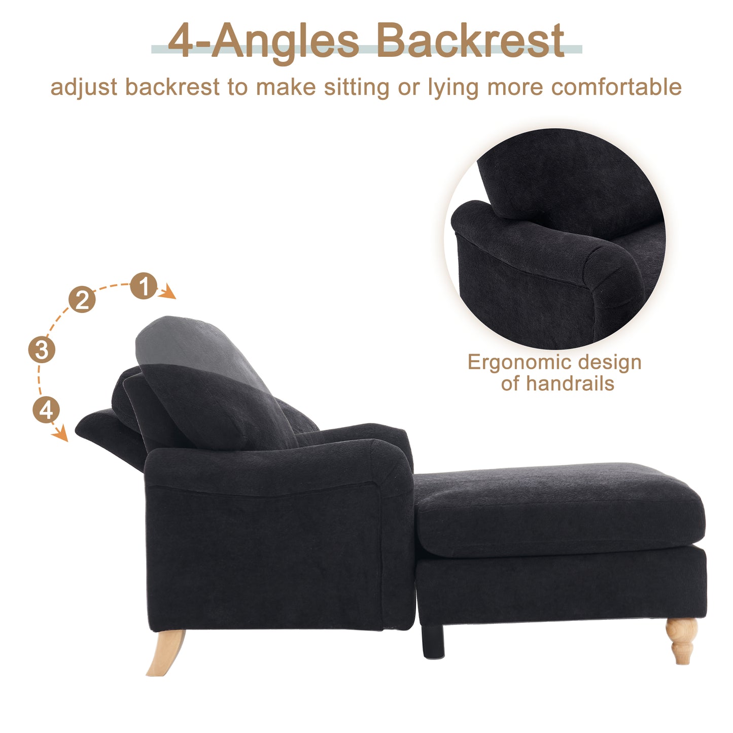 Black fabric recliner chair with adjustable backrest