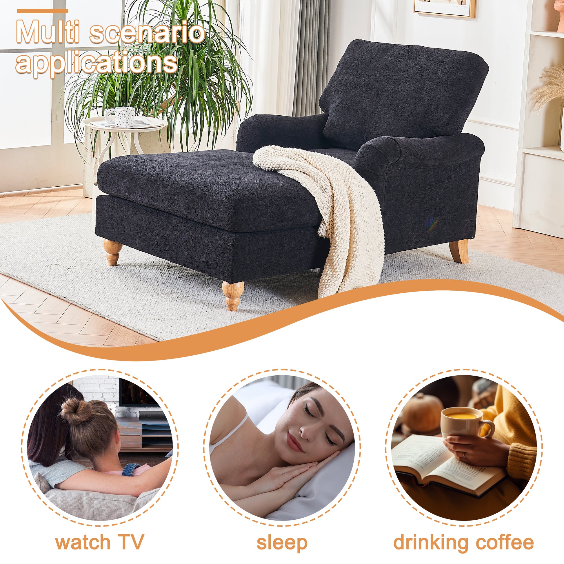 Dark gray chaise lounge with wooden legs and cream blanket