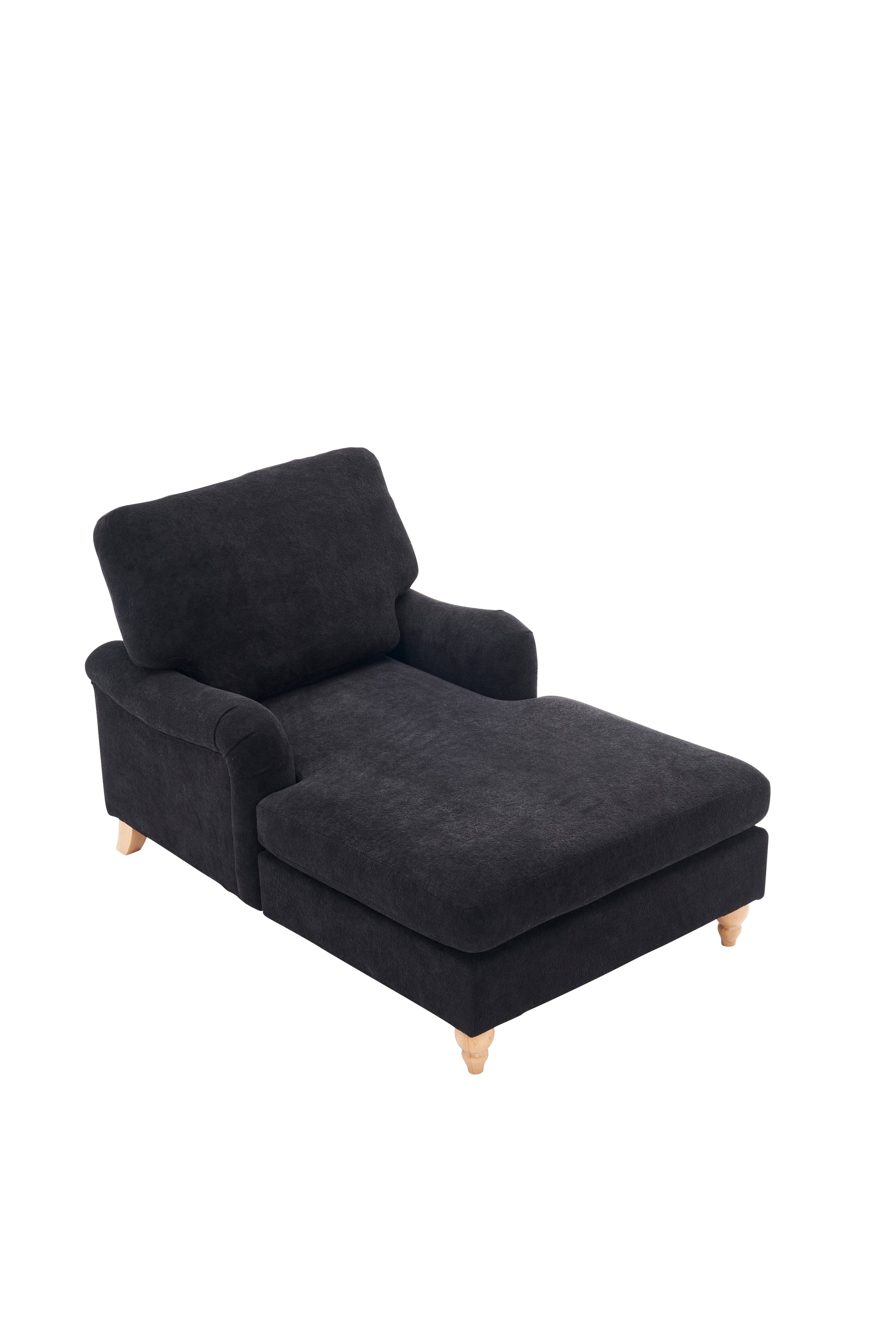 Black fabric chaise lounge with plush cushioning and light wood legs