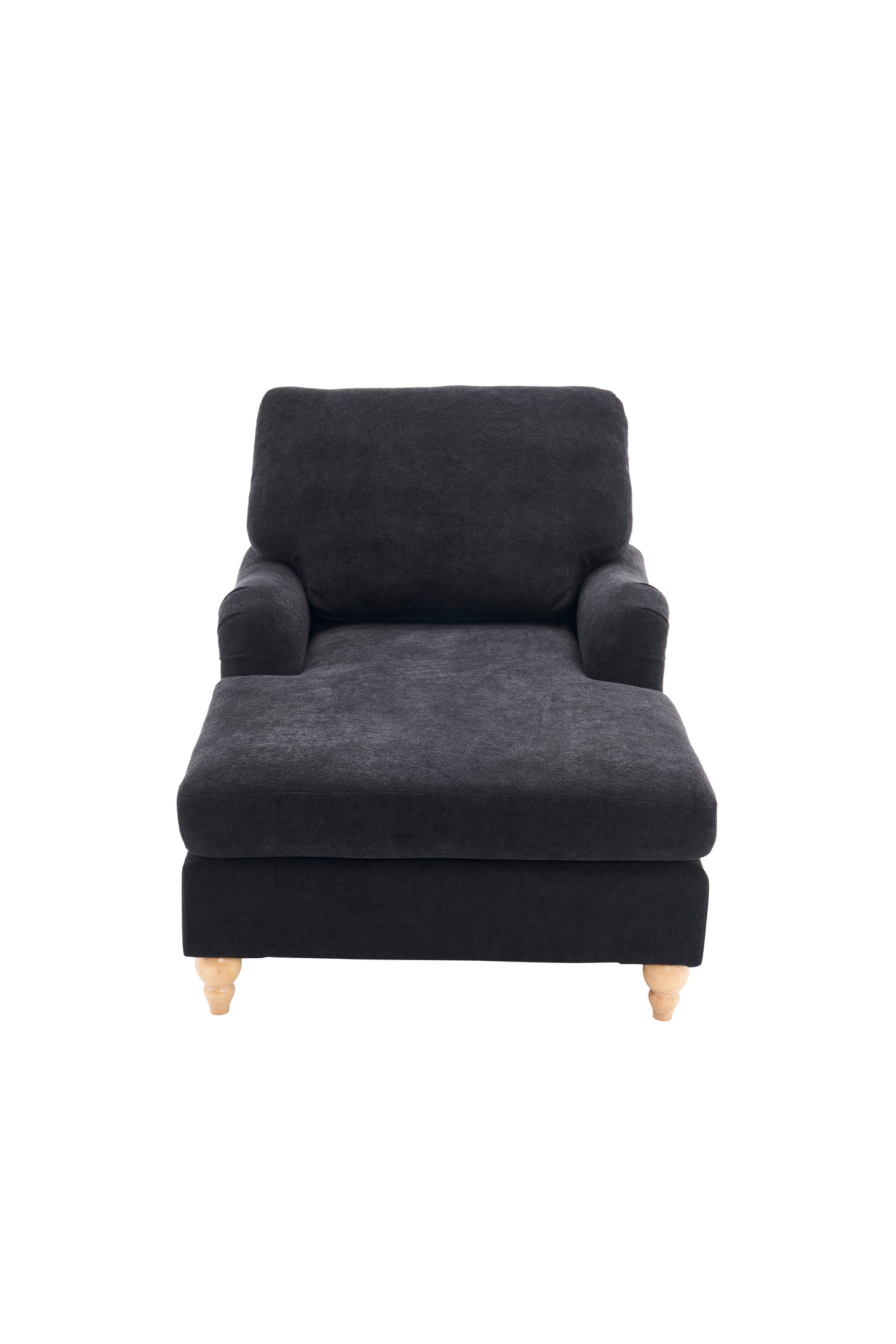 Dark gray upholstered chaise lounge with plush cushions and light wood feet