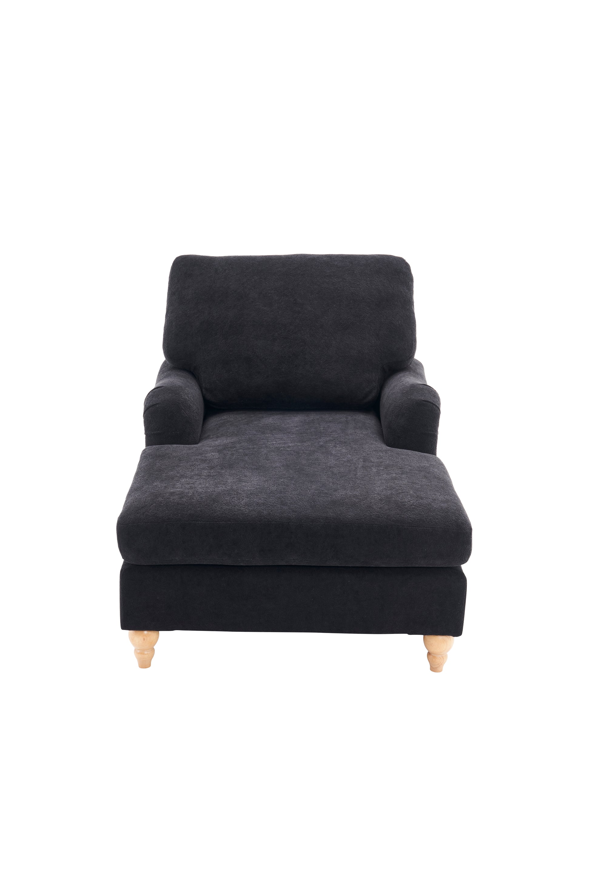 Dark gray upholstered chaise lounge with plush cushions and light wood feet