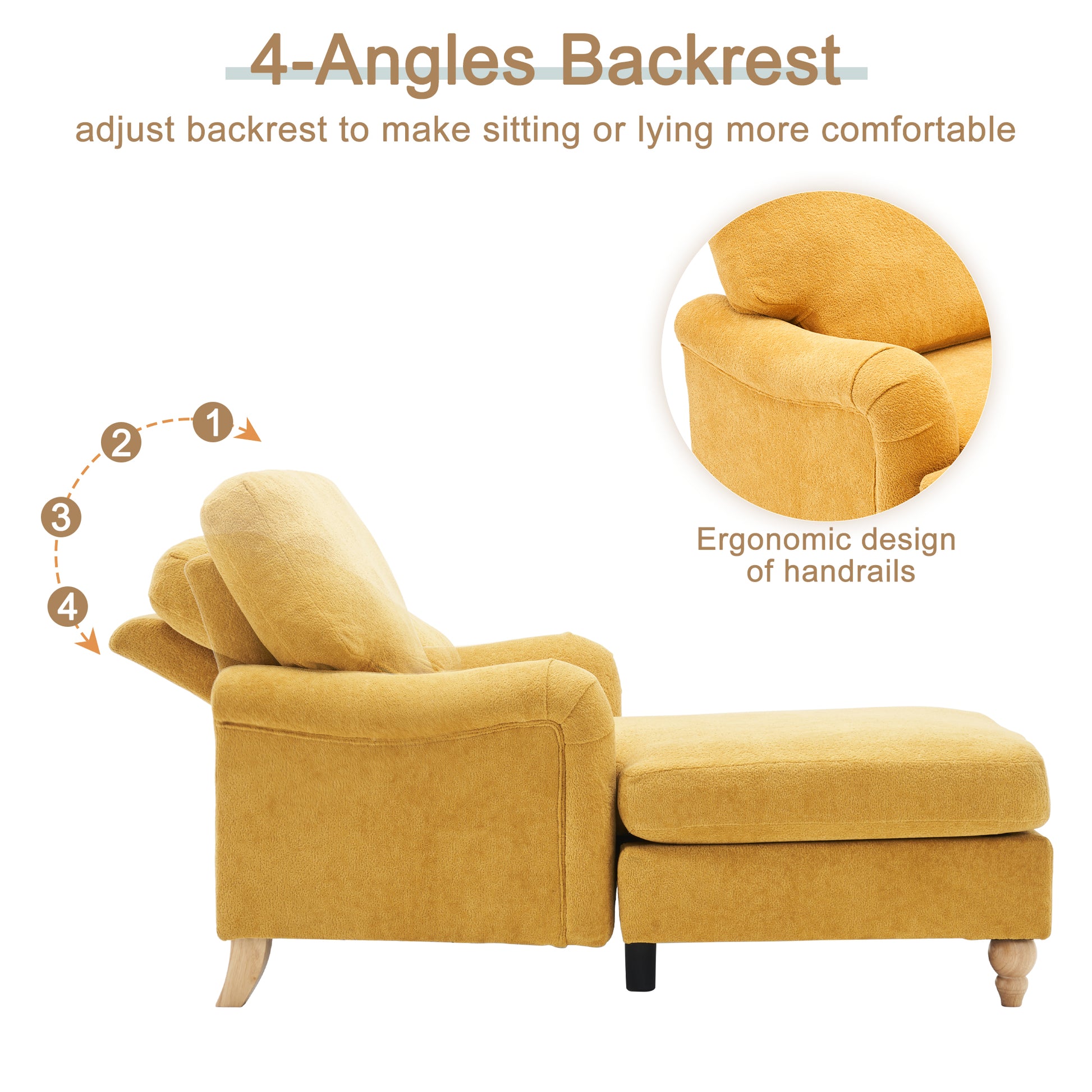 Yellow fabric recliner chair with adjustable backrest and ottoman