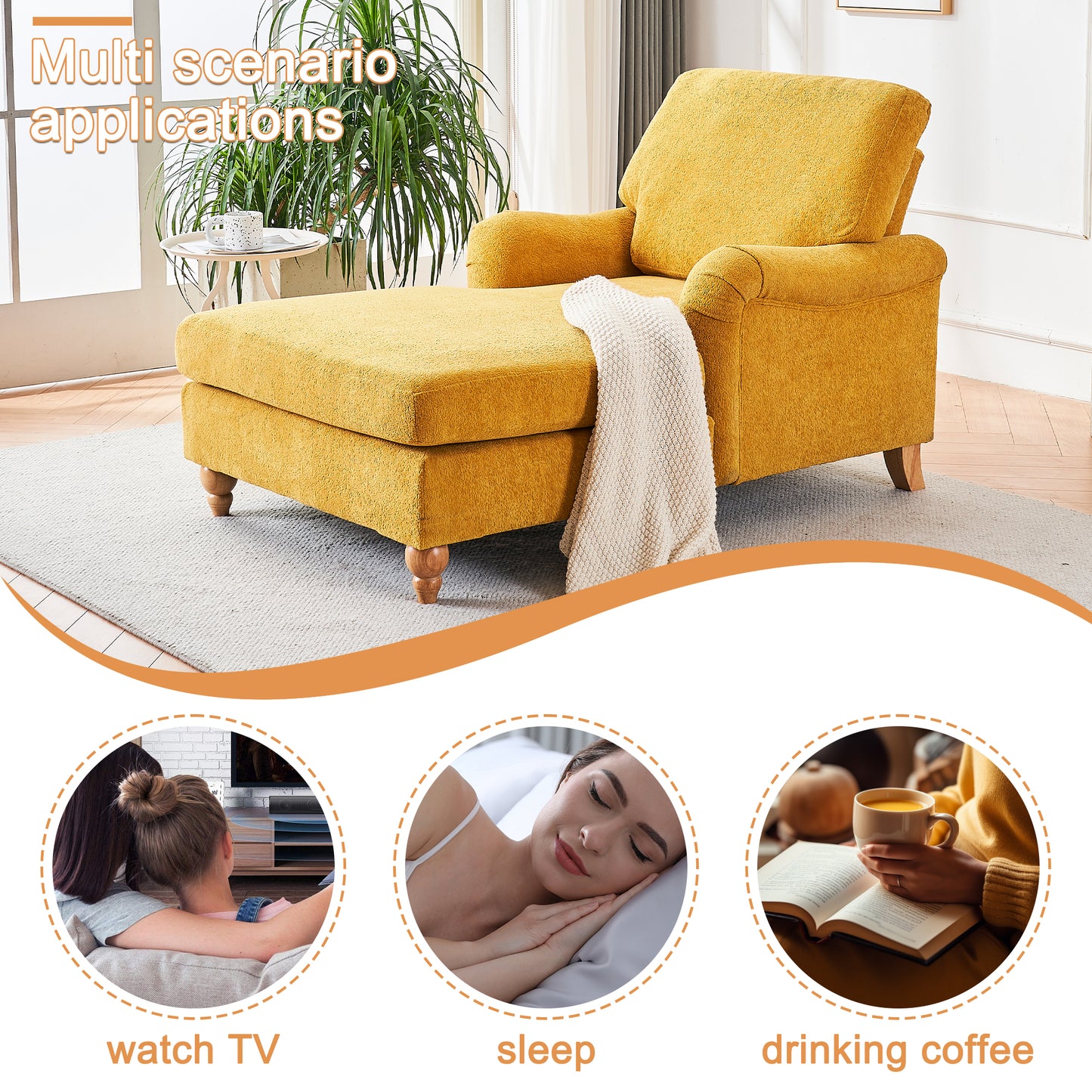 Yellow textured chaise lounge with wooden legs and a cream throw blanket