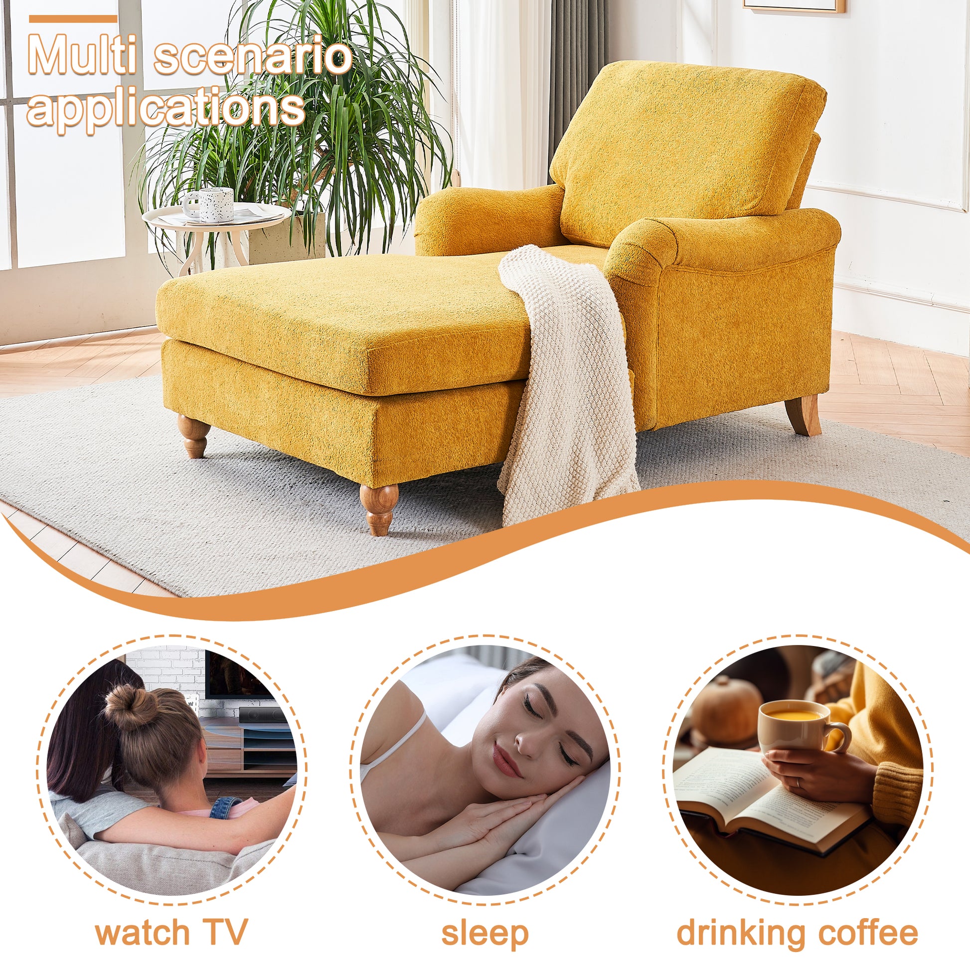 Yellow textured chaise lounge with wooden legs and a cream throw blanket