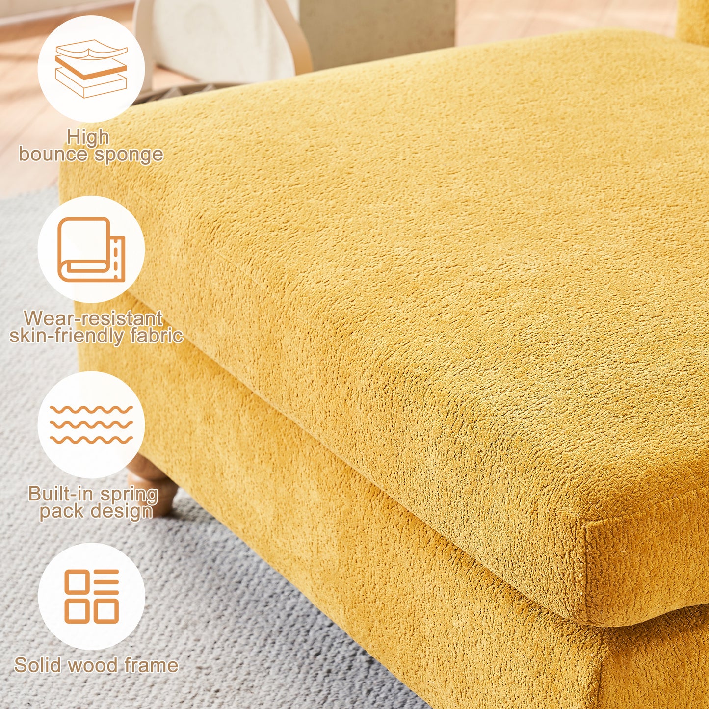 Yellow armchair with high bounce sponge and durable fabric