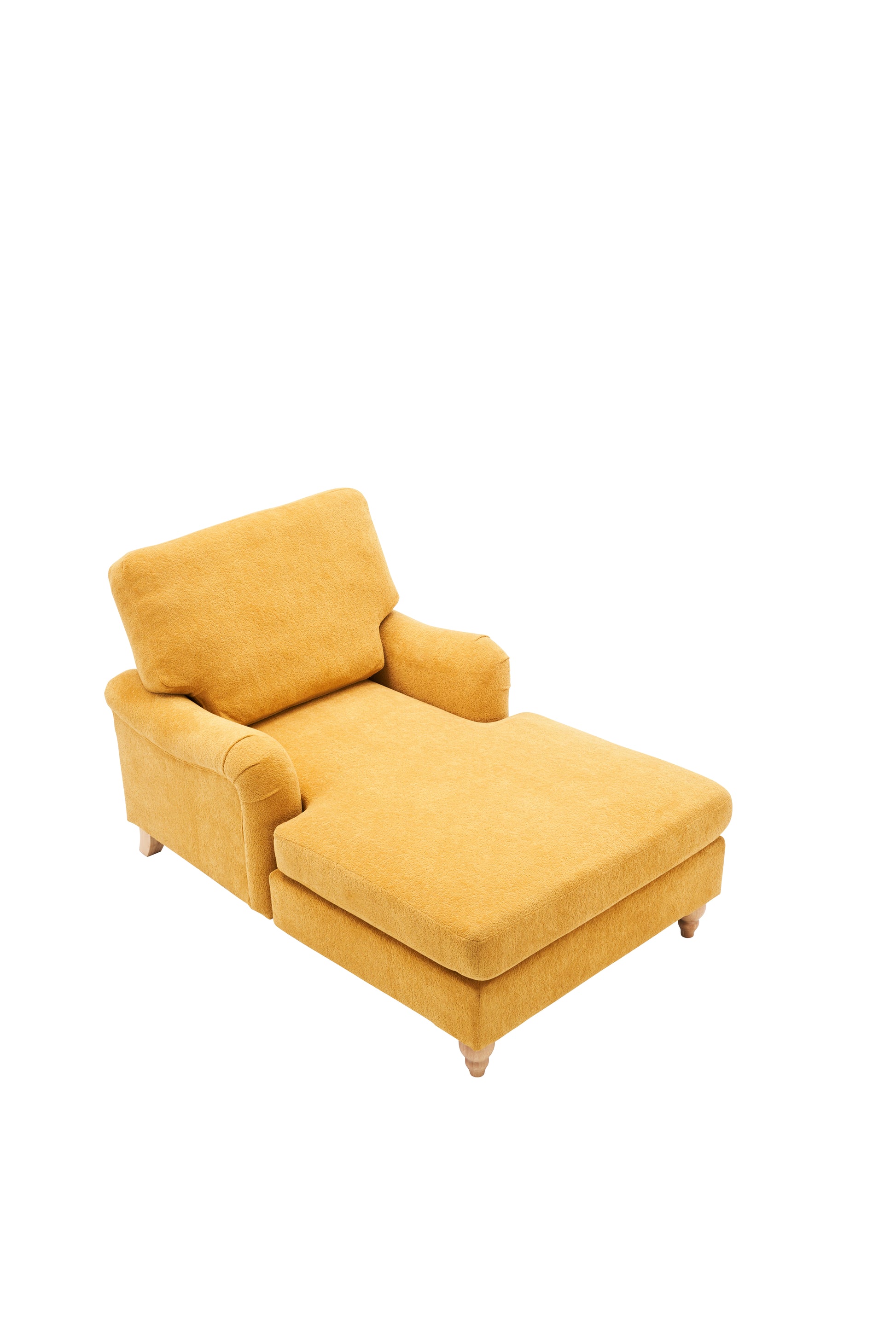 Textured yellow fabric chaise lounge with plush cushions and wooden feet